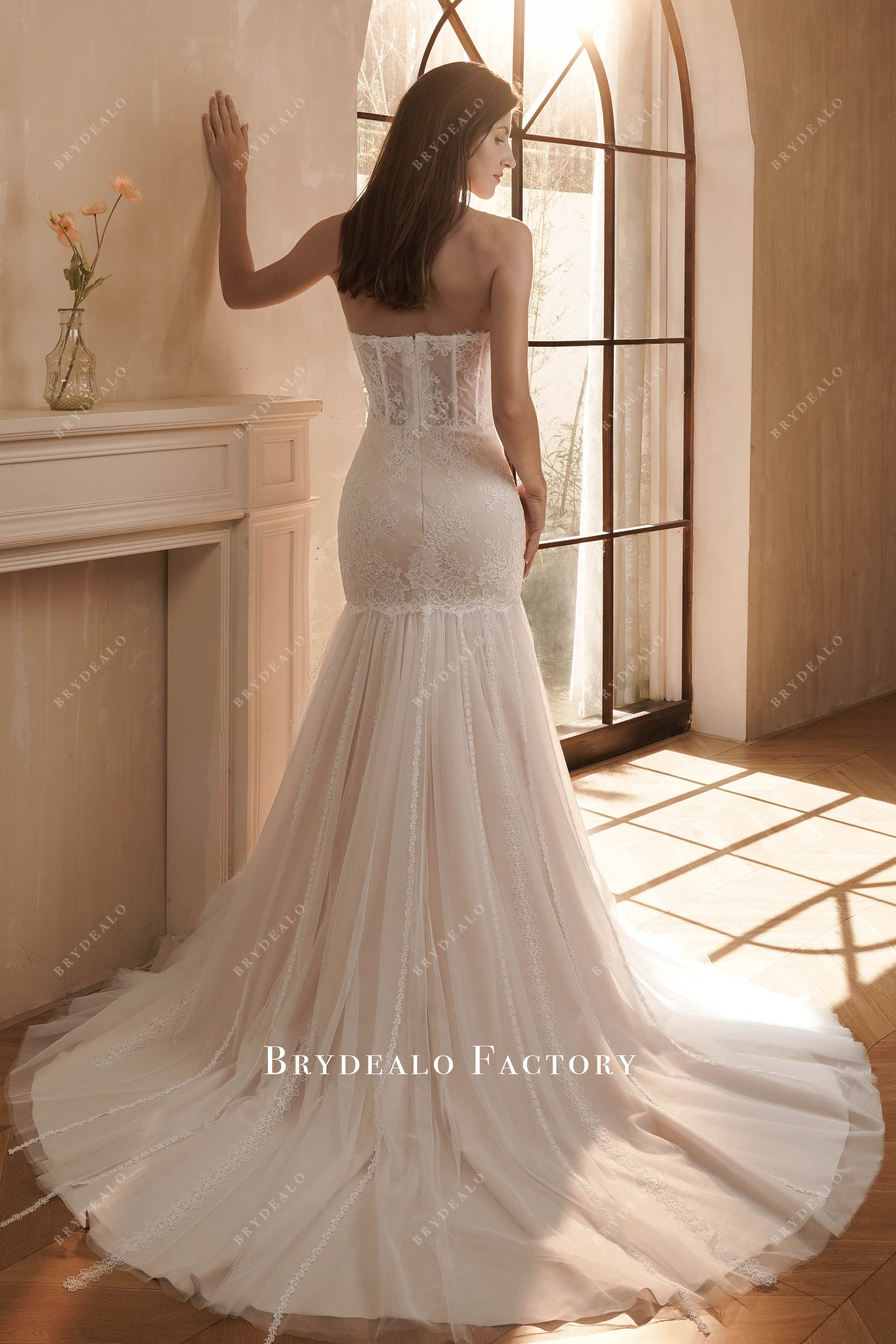 strapless chapel lace tassels wedding dress