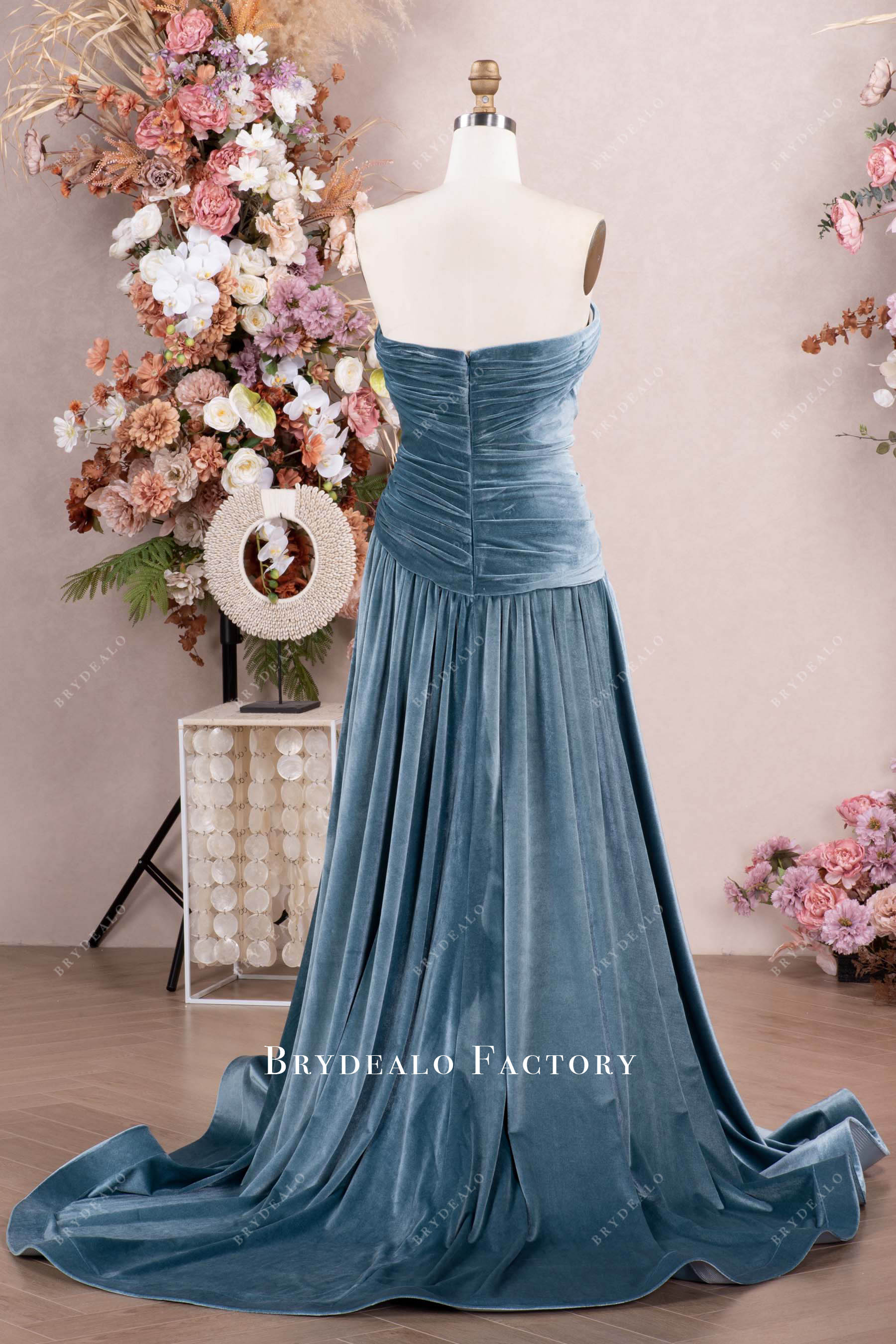 strapless draped velvet formal gown