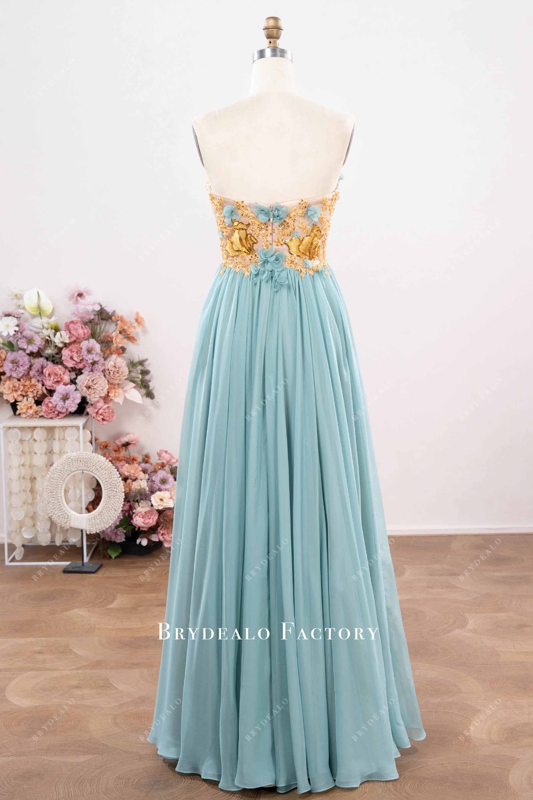 strapless floor length two-tone prom dress
