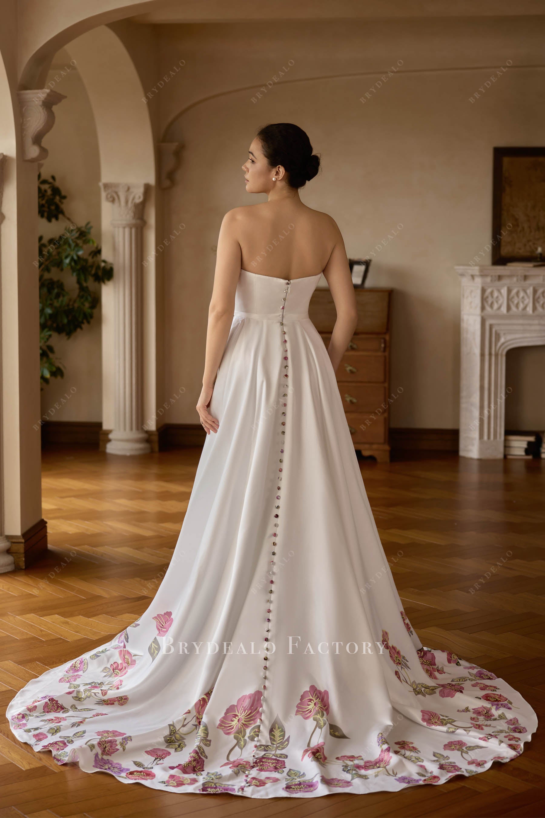 strapless floral button back wedding dress sample