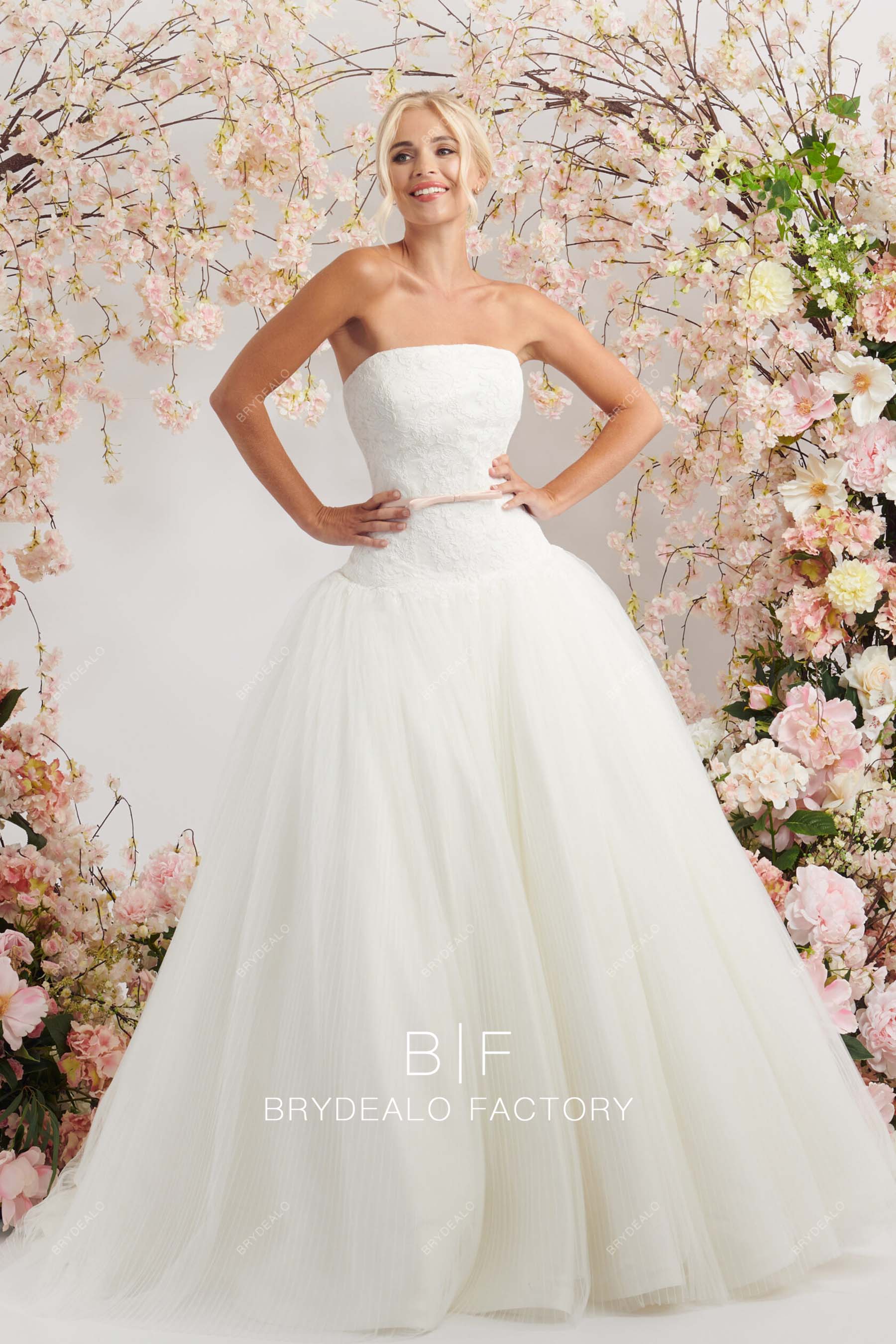 strapless lace pleated tulle wedding ball gown