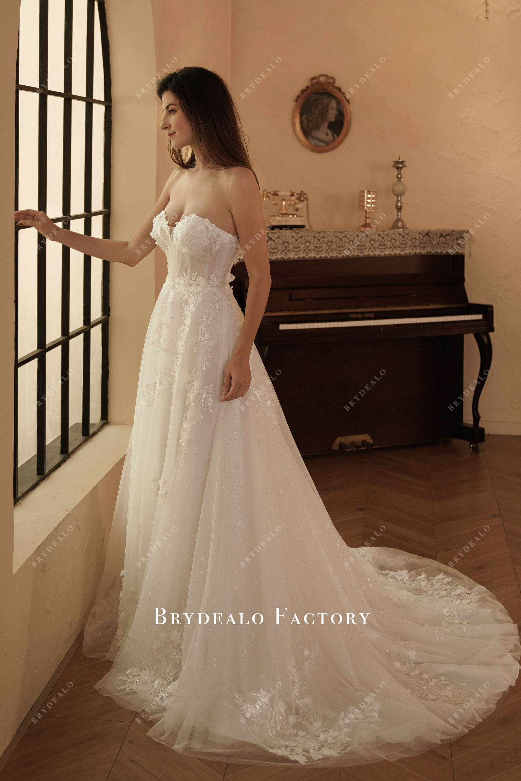 strapless long lace tulle wedding dress