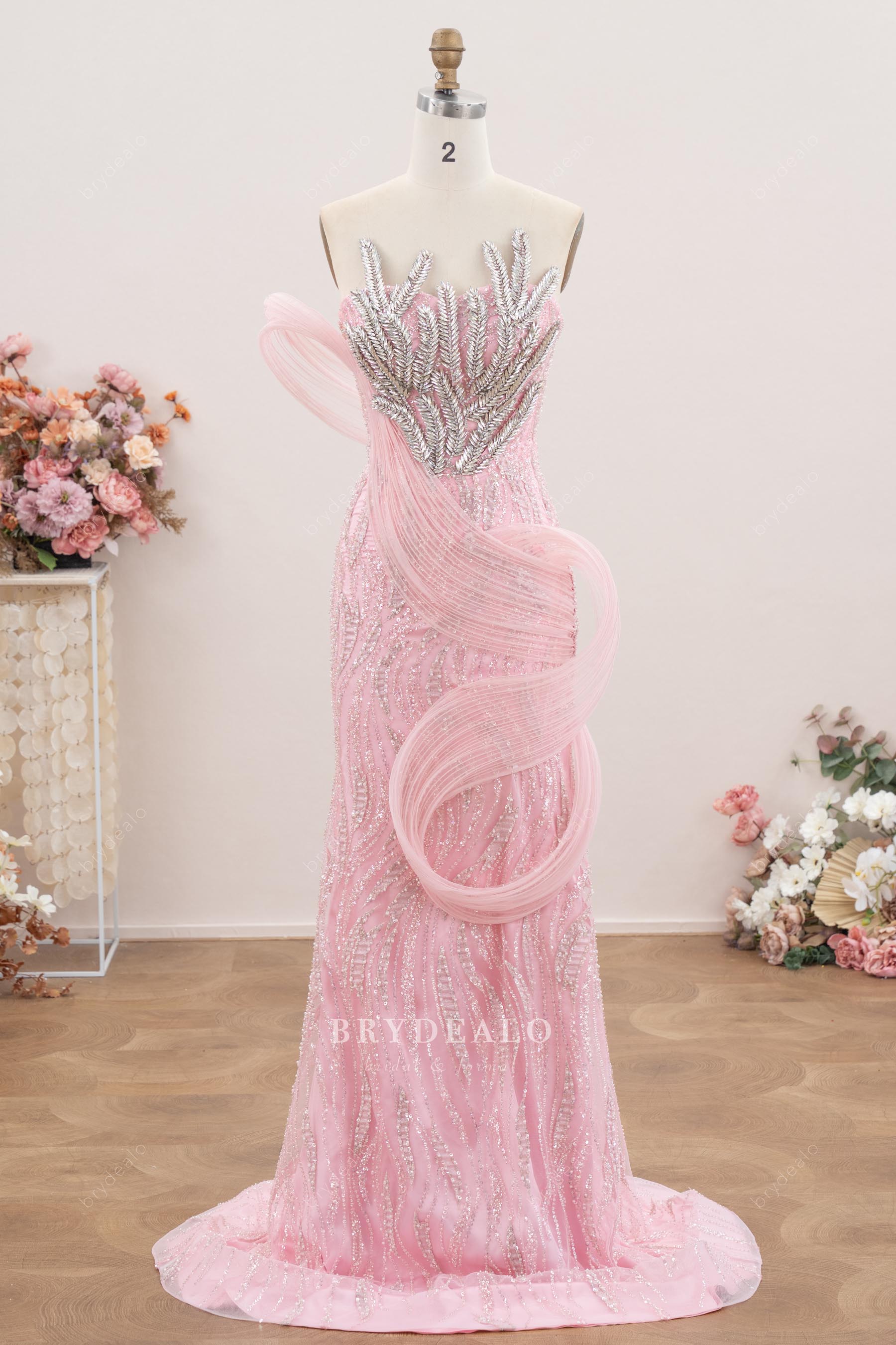 strapless mermaid pink prom dress