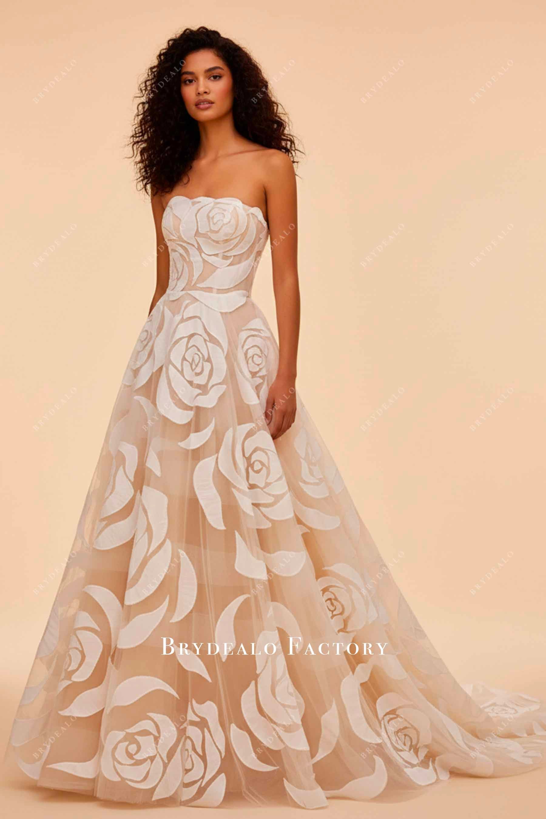 strapless nude large flower wedding dress