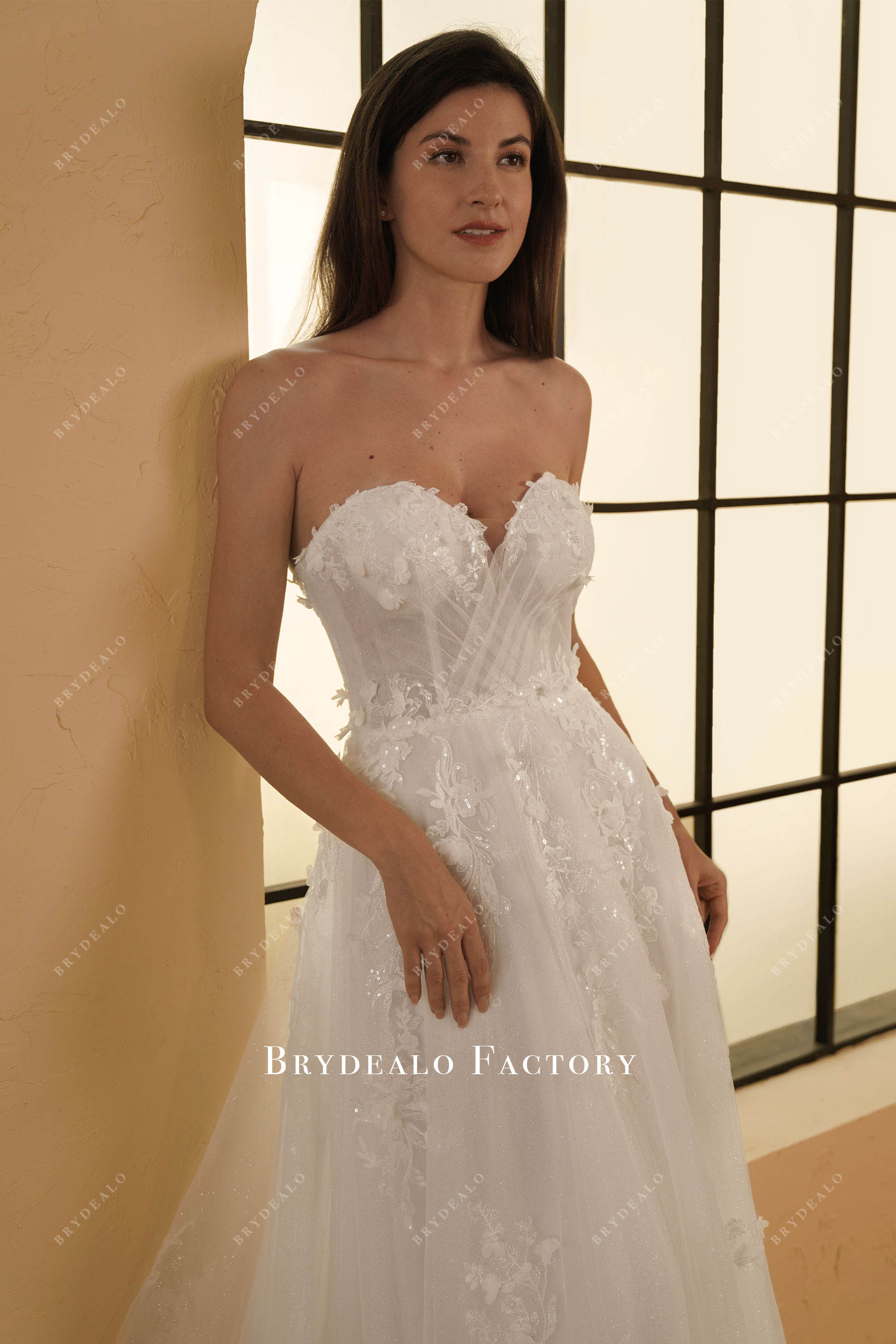 strapless pleated sweetheart neck wedding dress