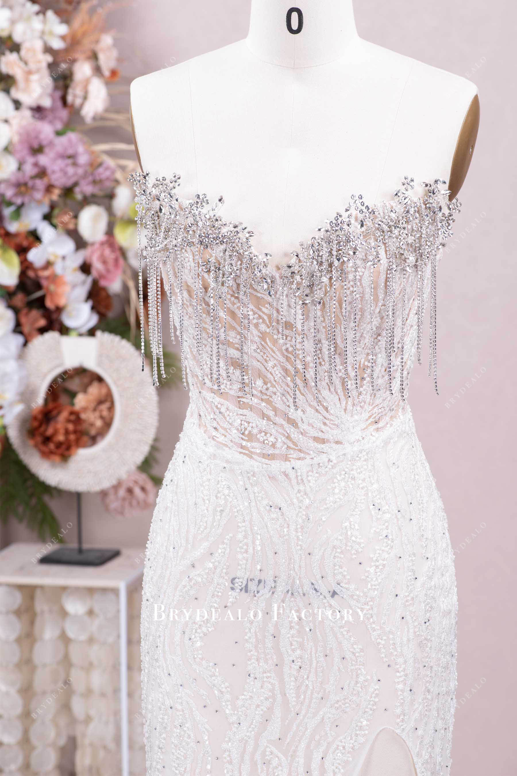 strapless rhinestone tassel neck wedding gown