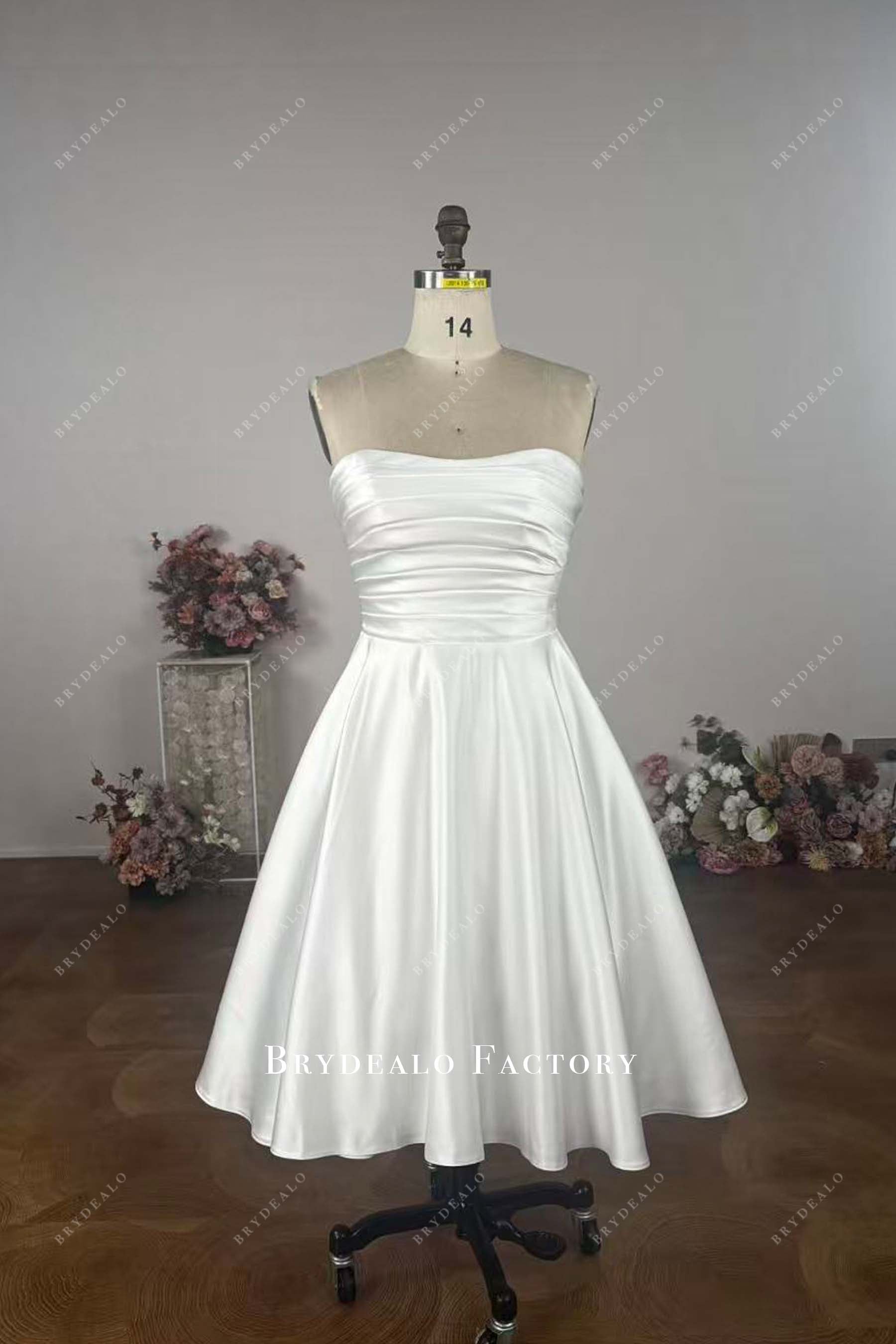 strapless ruched satin short wedding dress