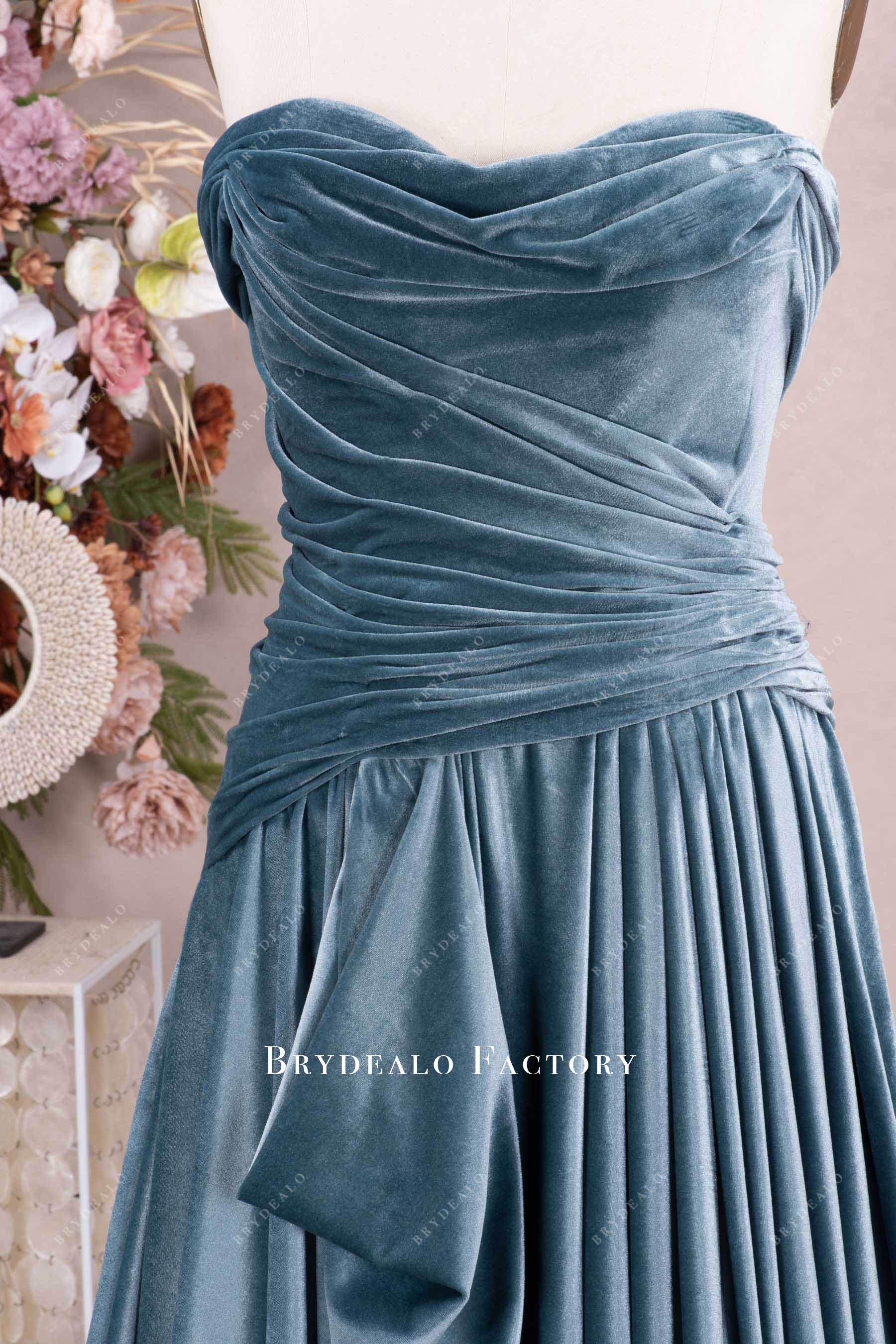 strapless sweetheart pleated velvet formal gown