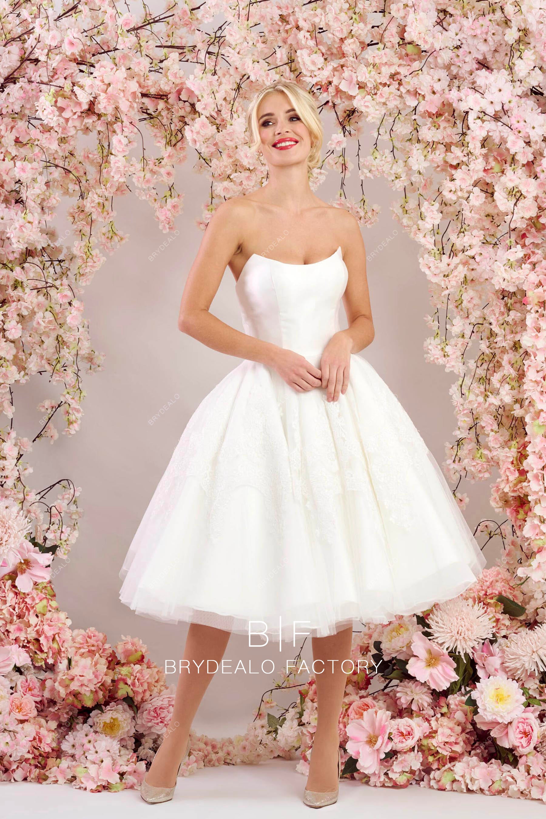 strapless tea-length bridal dress