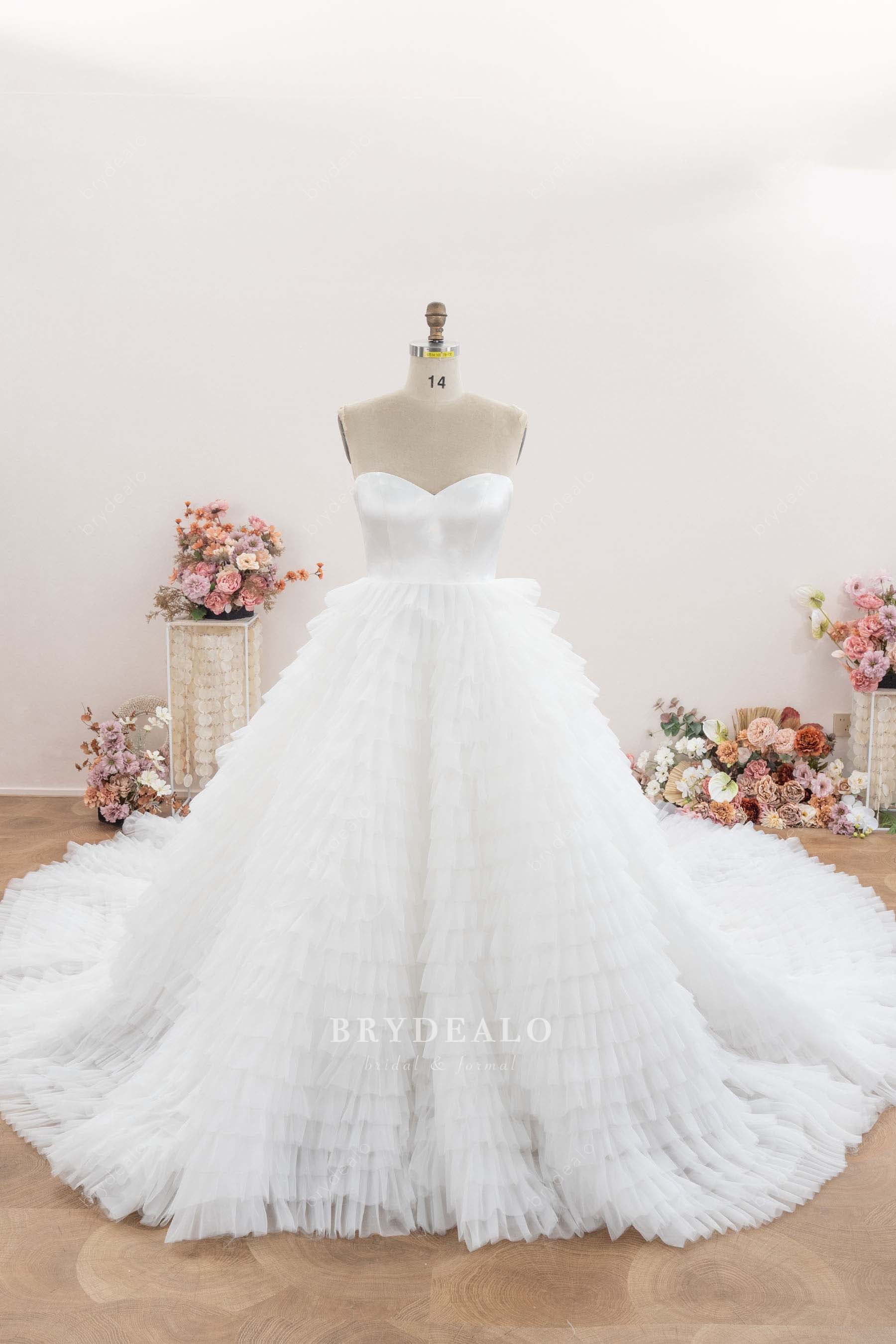strapless tiered tulle wedding ballgown