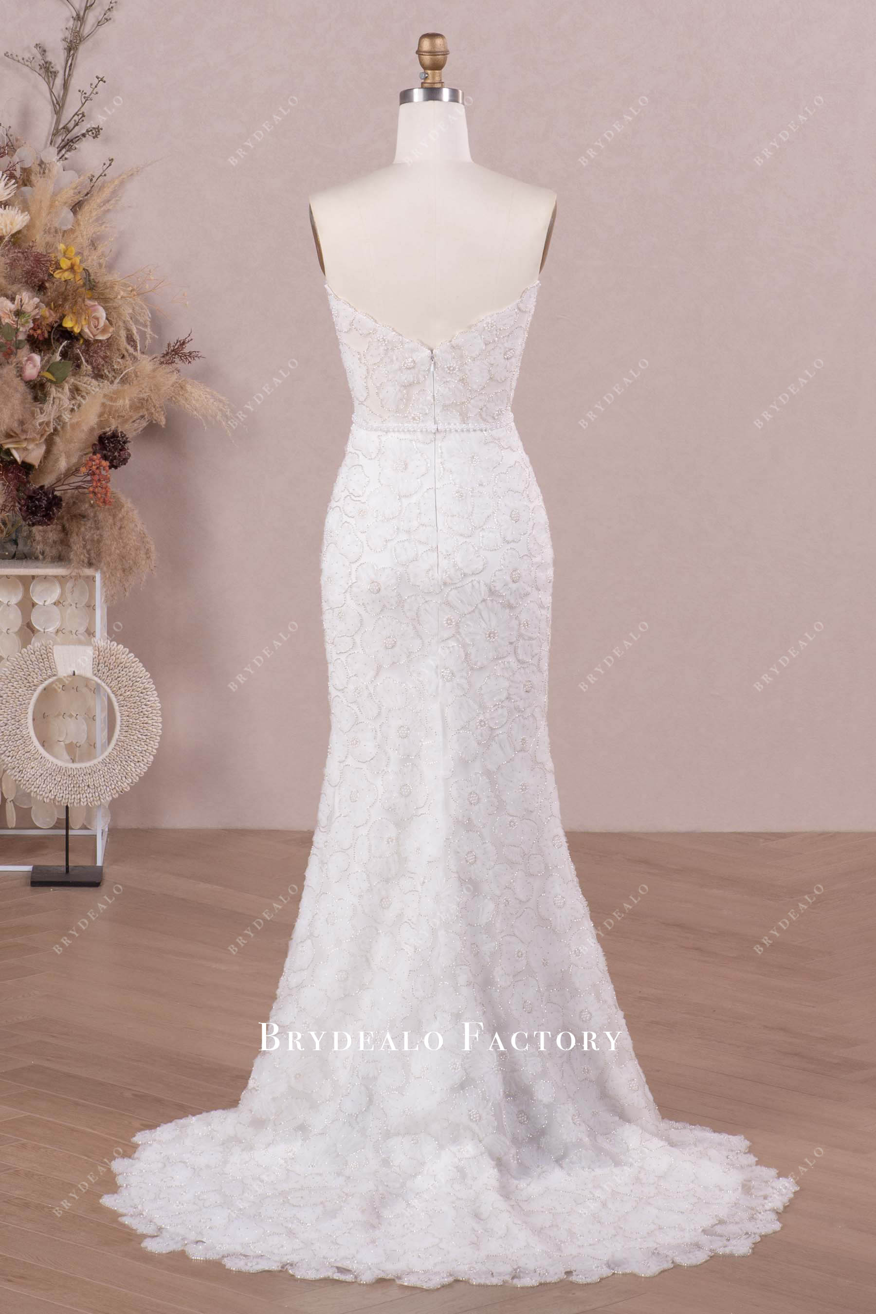 strapless v-cut back court train wedding dress