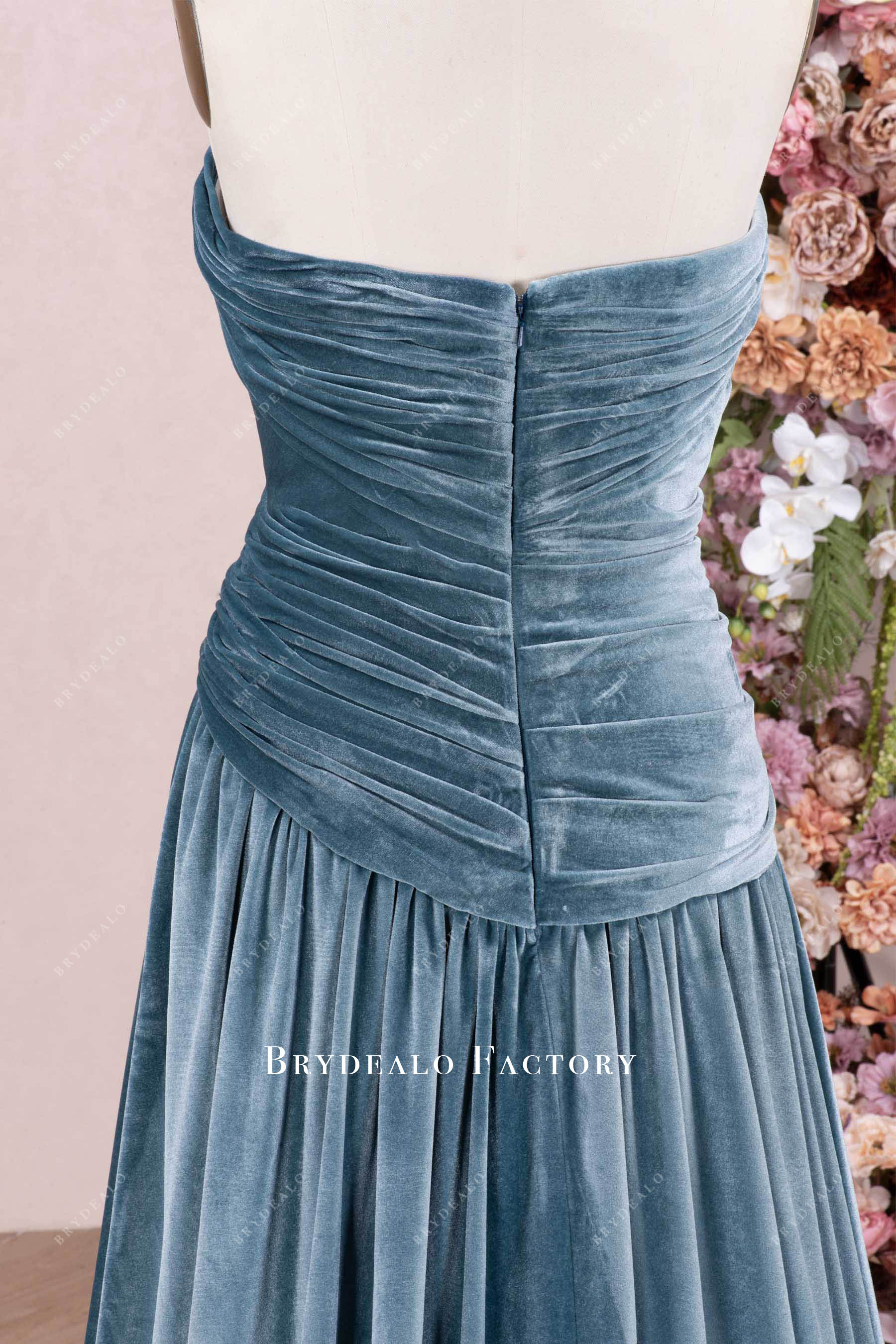 strapless velvet pleated formal dress