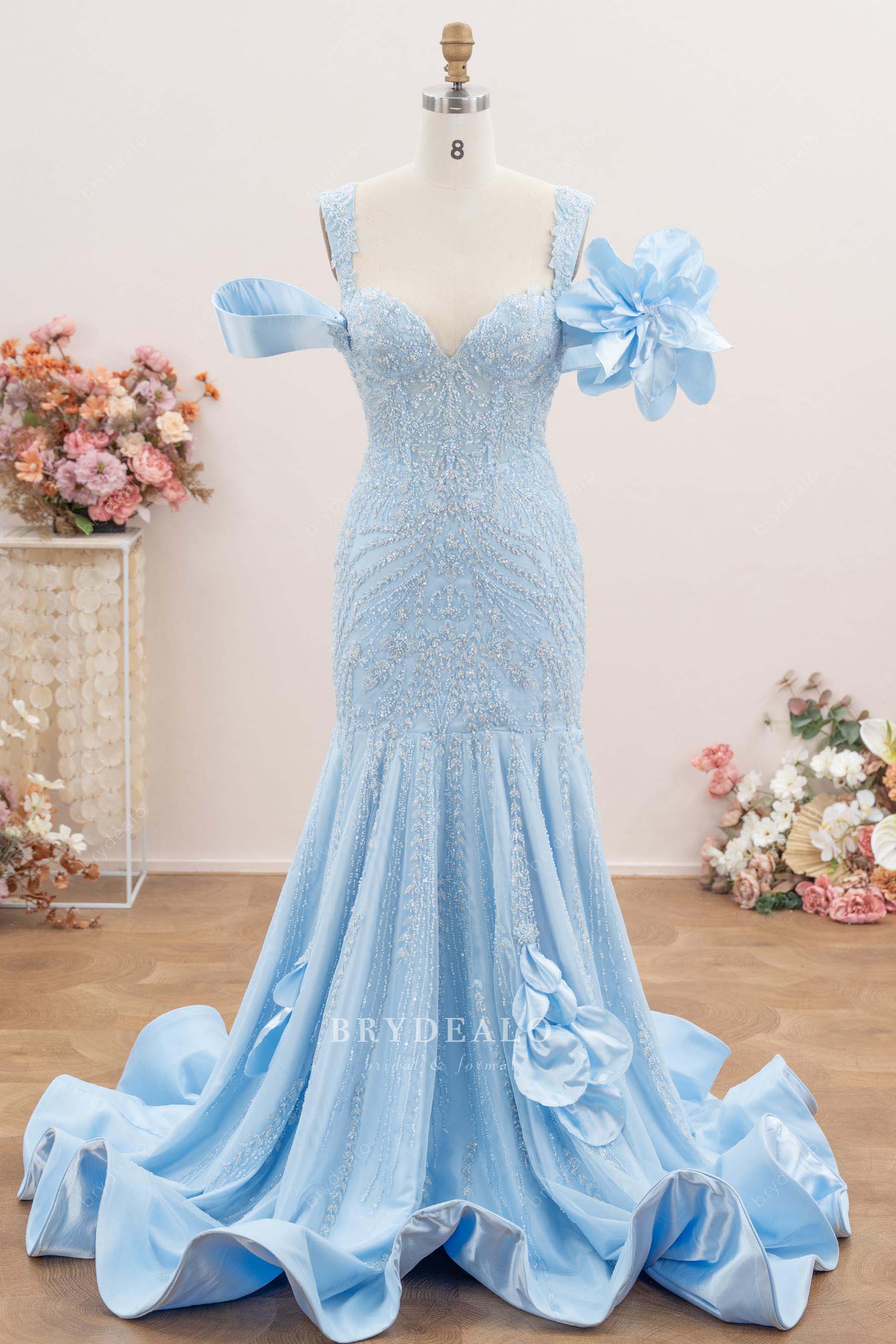 straps beaded lace mermaid prom dress