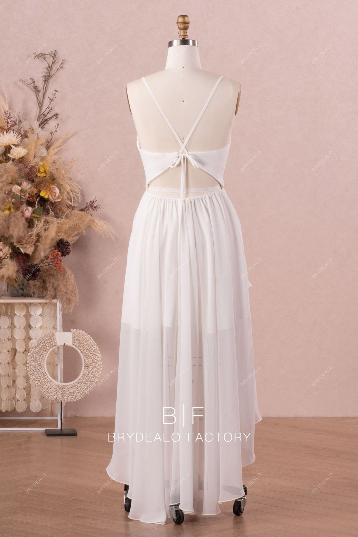 Simple Hi-lo Plunging Flowing Chiffon Beach Wedding Dress