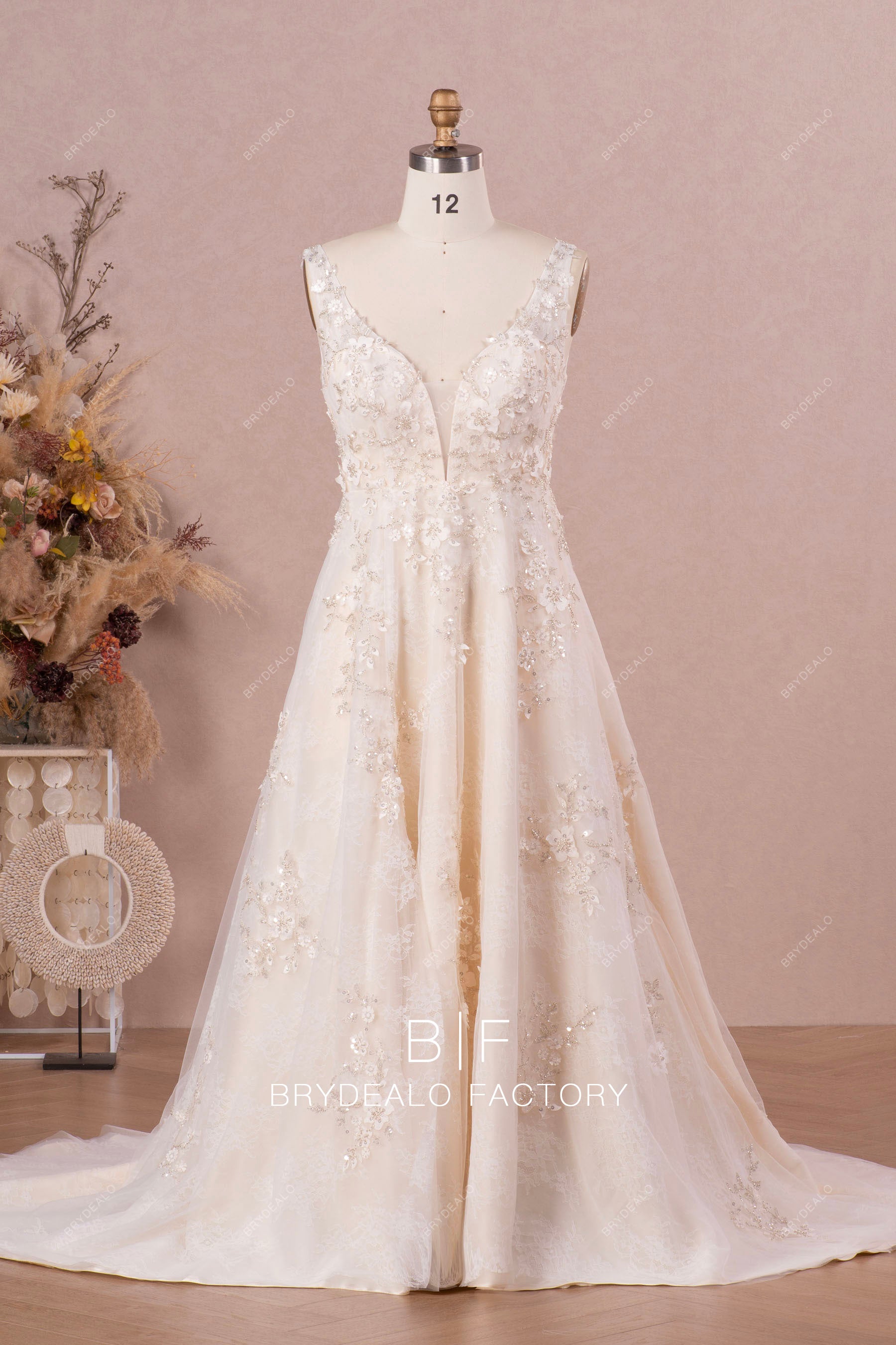 straps flower lace Aline wedding dress