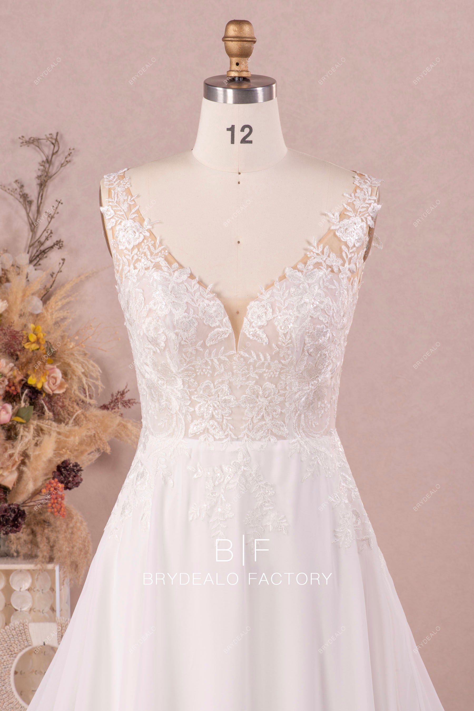 straps flower lace V-neck wedding dress