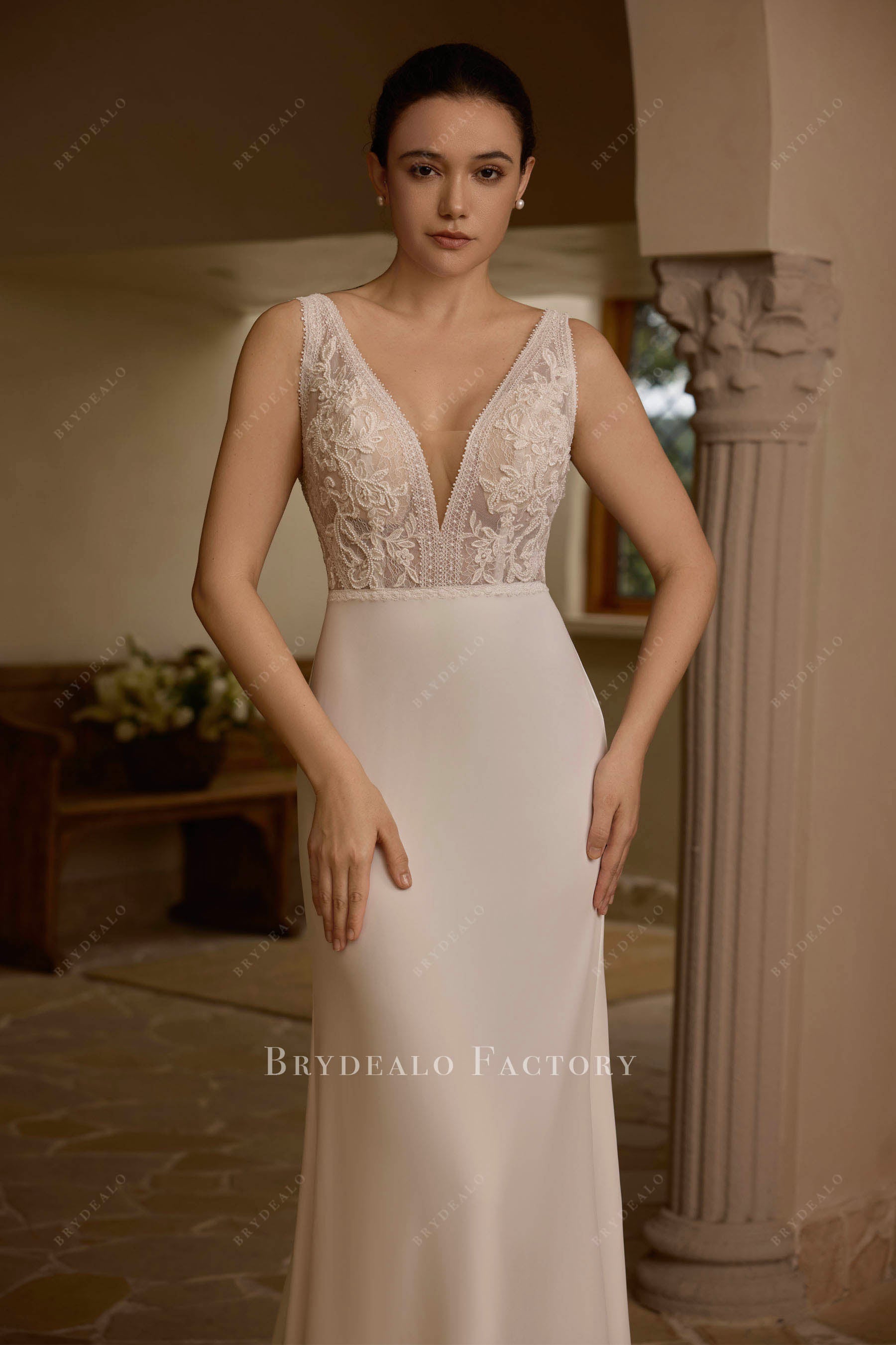 straps lace crepe wedding dress