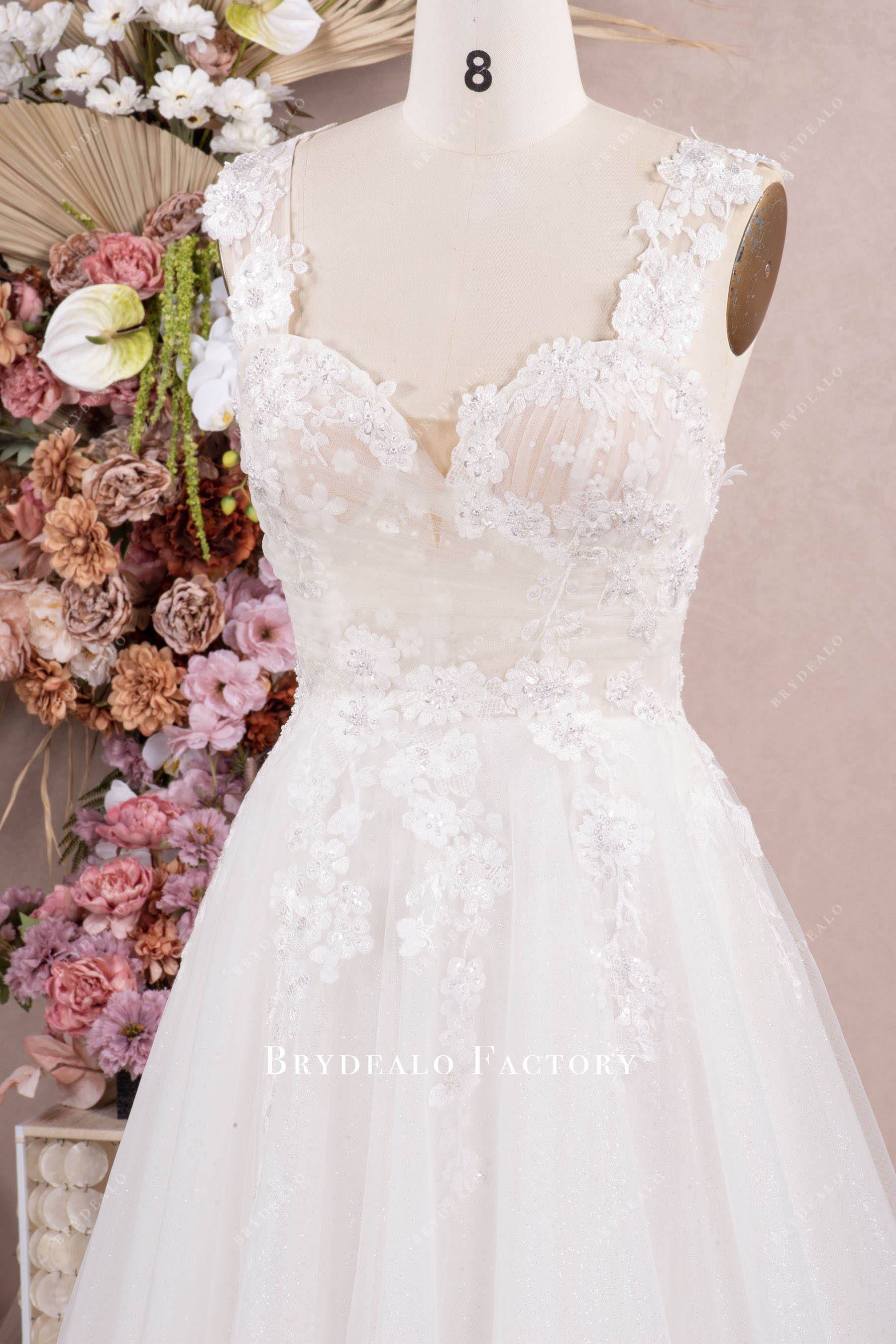 straps pleated lace tulle wedding dress