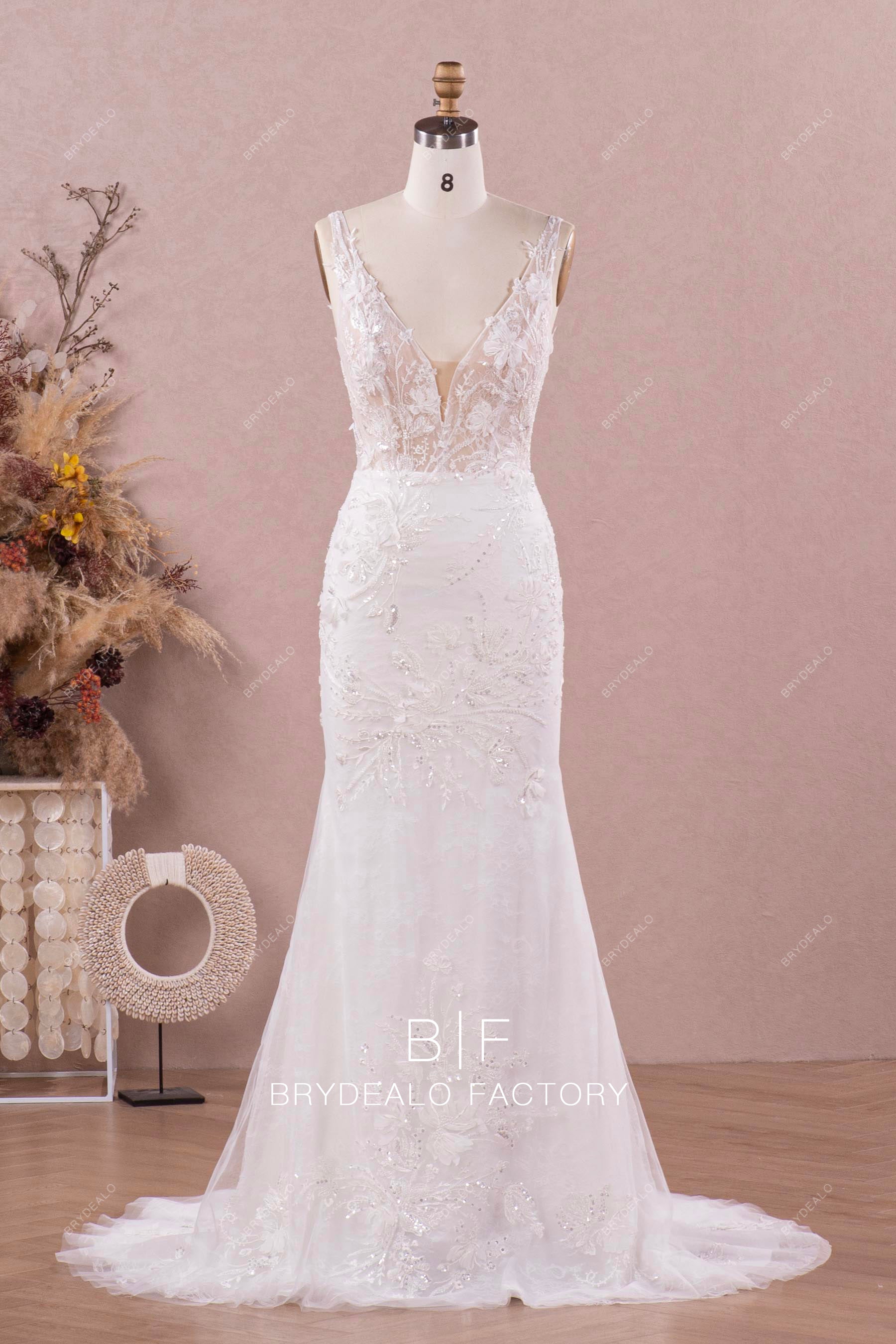 straps plunging flower lace mermaid bridal gown