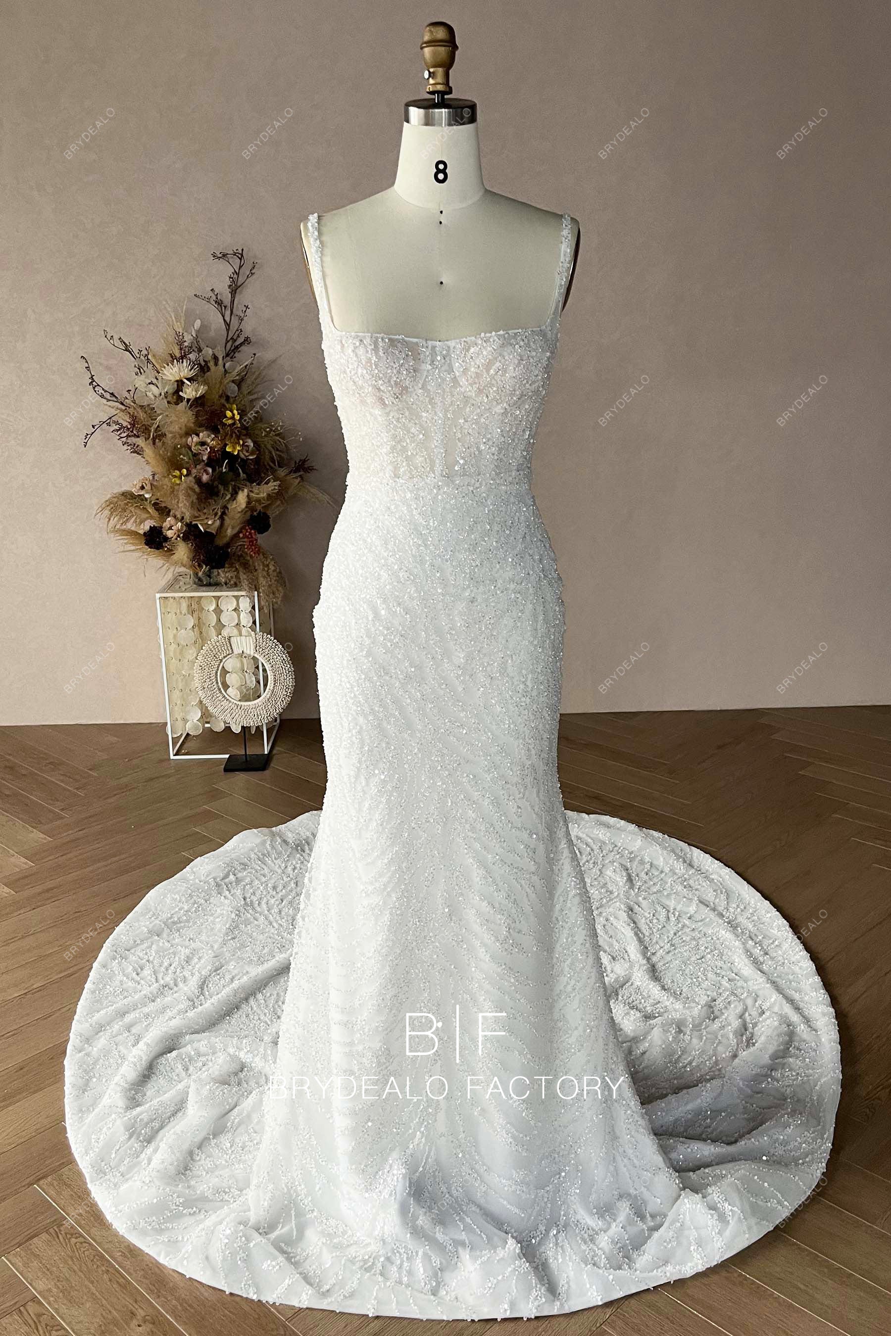 straps square neck beaded mermaid wedding gown