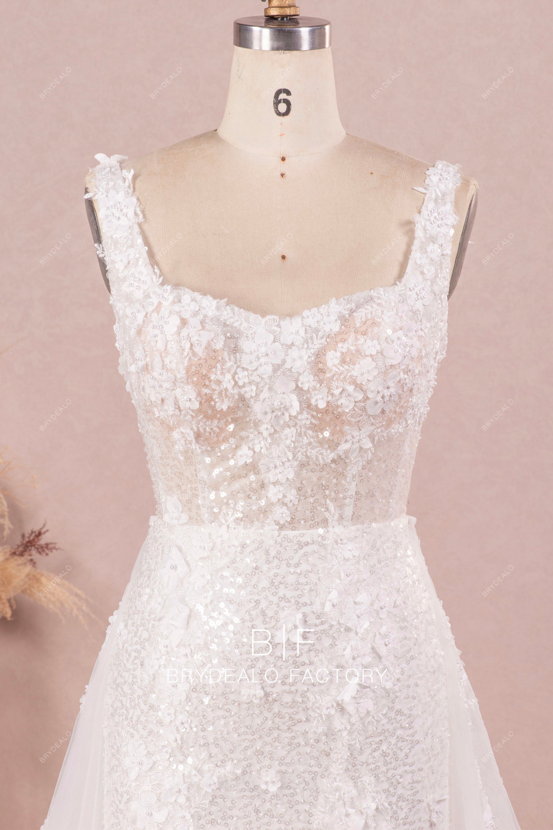 straps square neck sparkly lace wedding dress