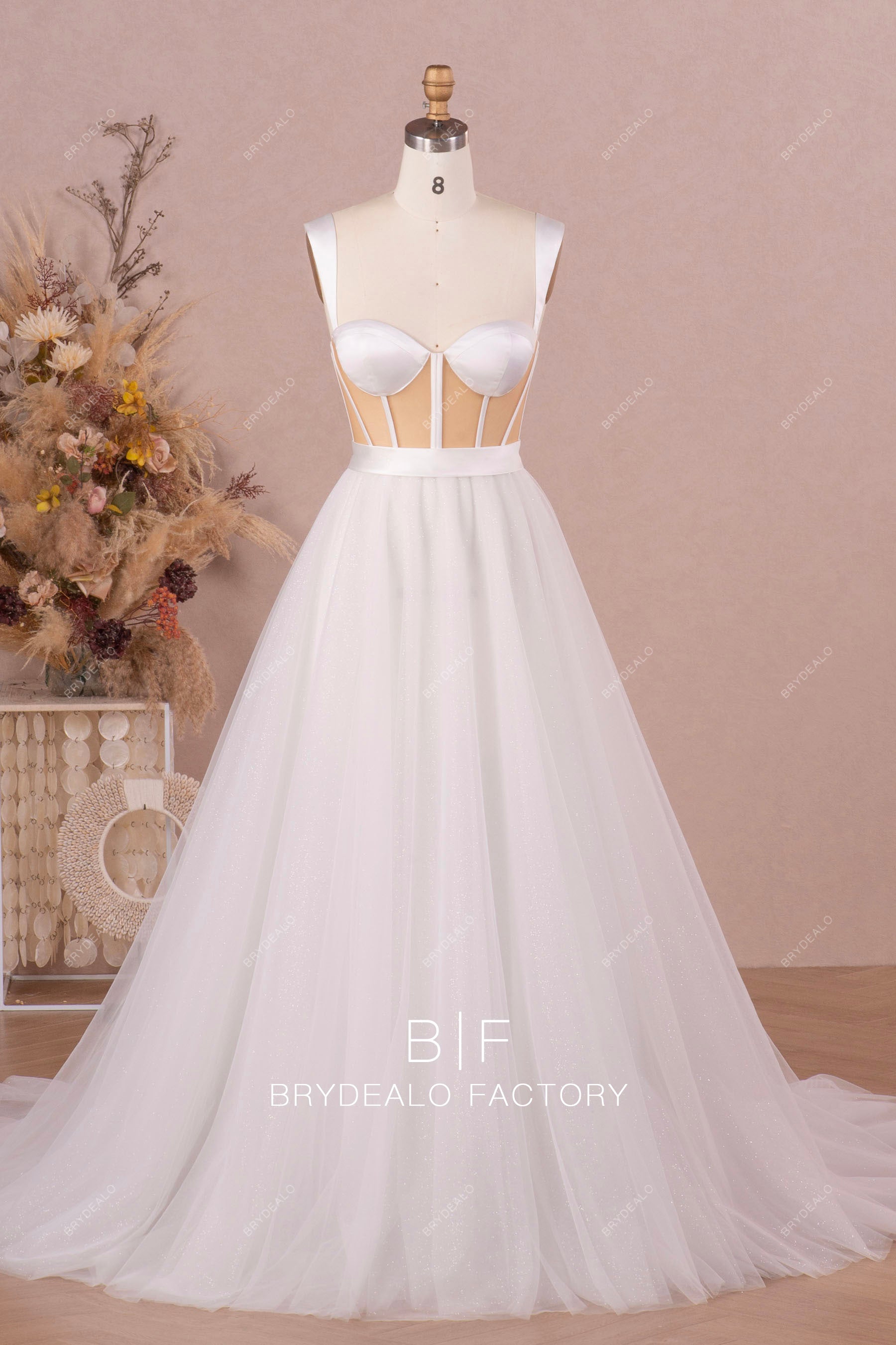 straps visible boning corset Aline wedding gown