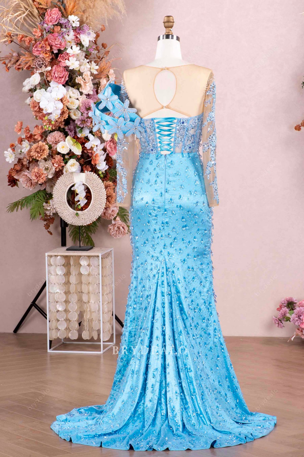 sweep train crystal prom dress