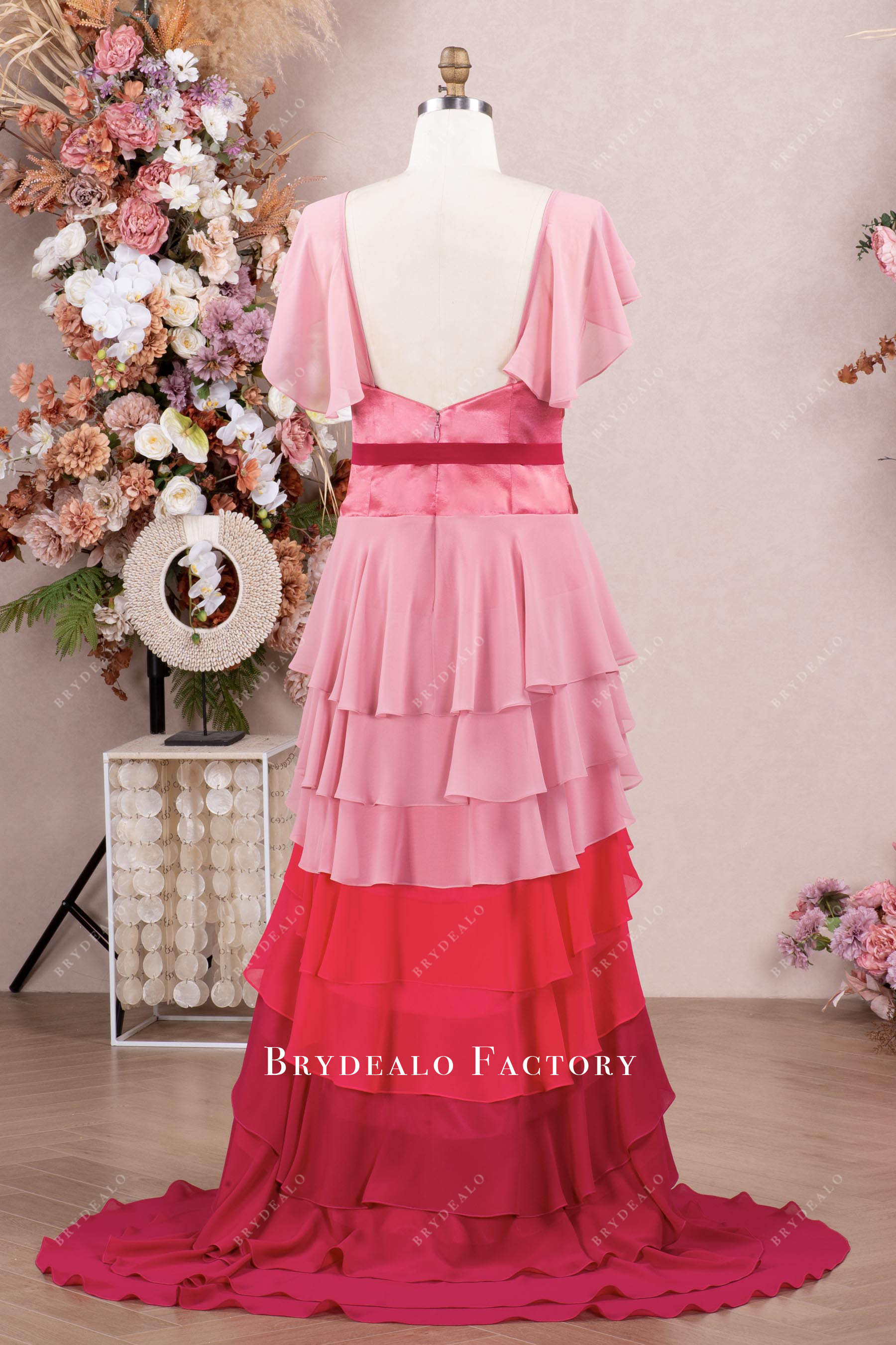 sweep train tiered ombre pink prom gown