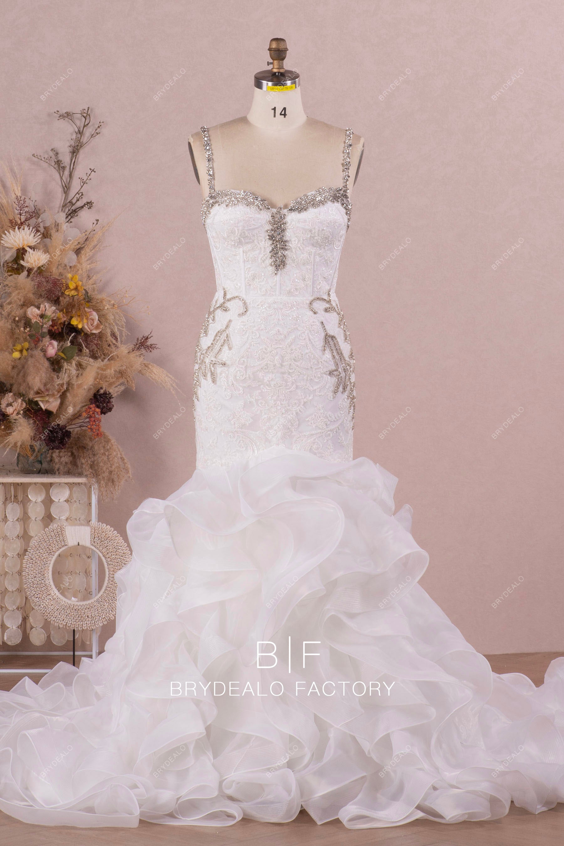 sweetheart beaded lace ruffled mermaid bridal gown