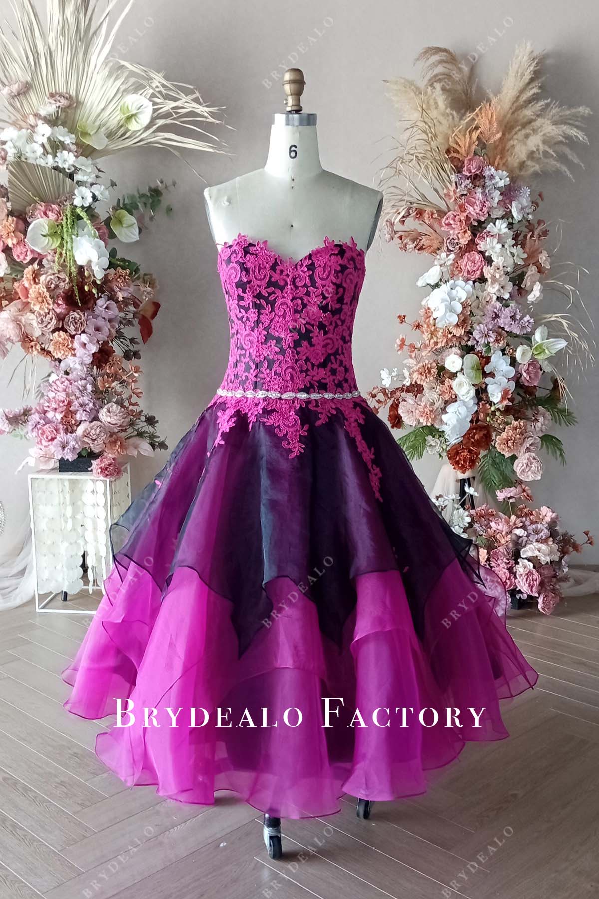 Private Label Custom Fuchsia Lace Organza Black Satin Cloak Hood Dress
