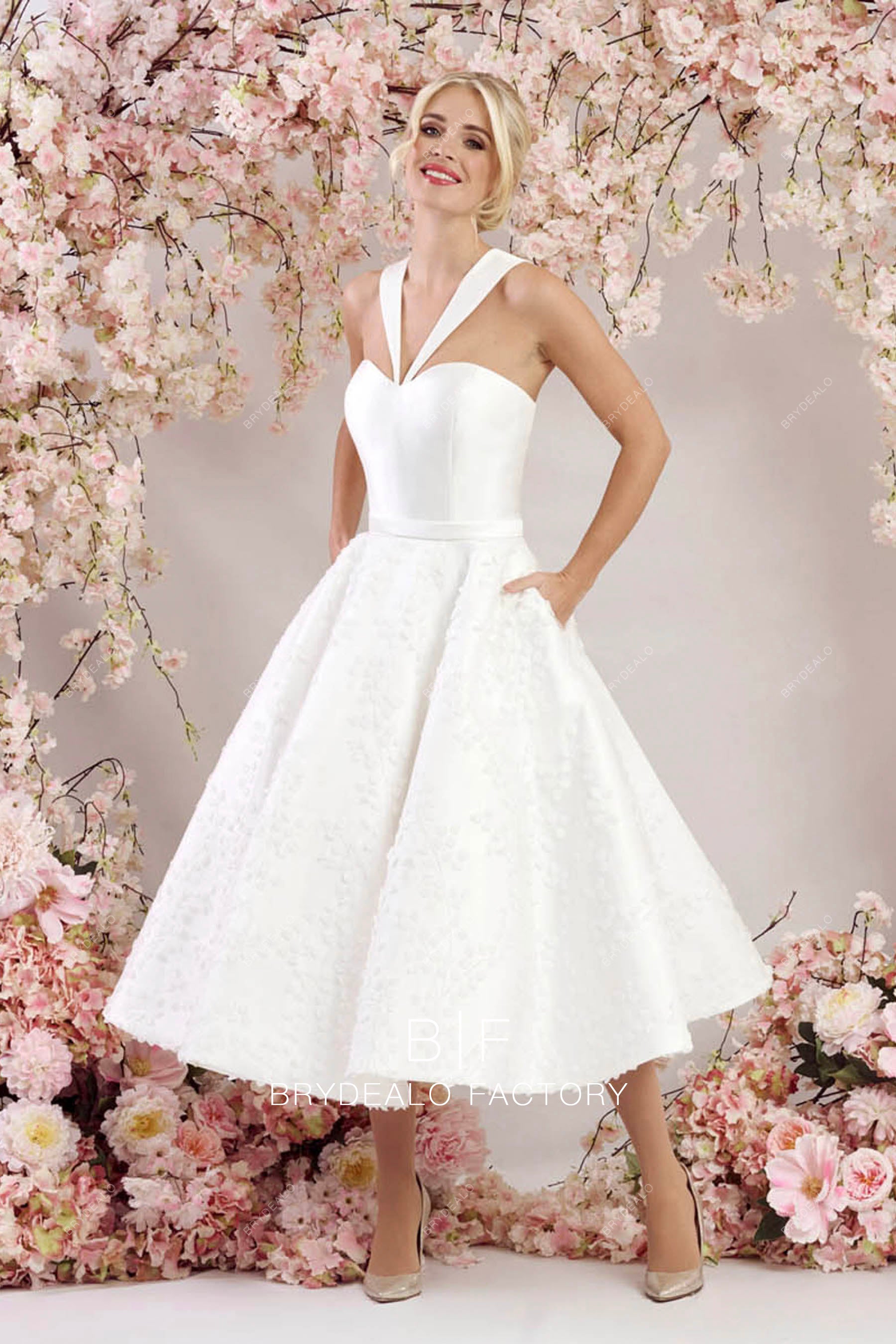 Mikado Satin 3D Lace Short Dress Pocket Wedding Dress