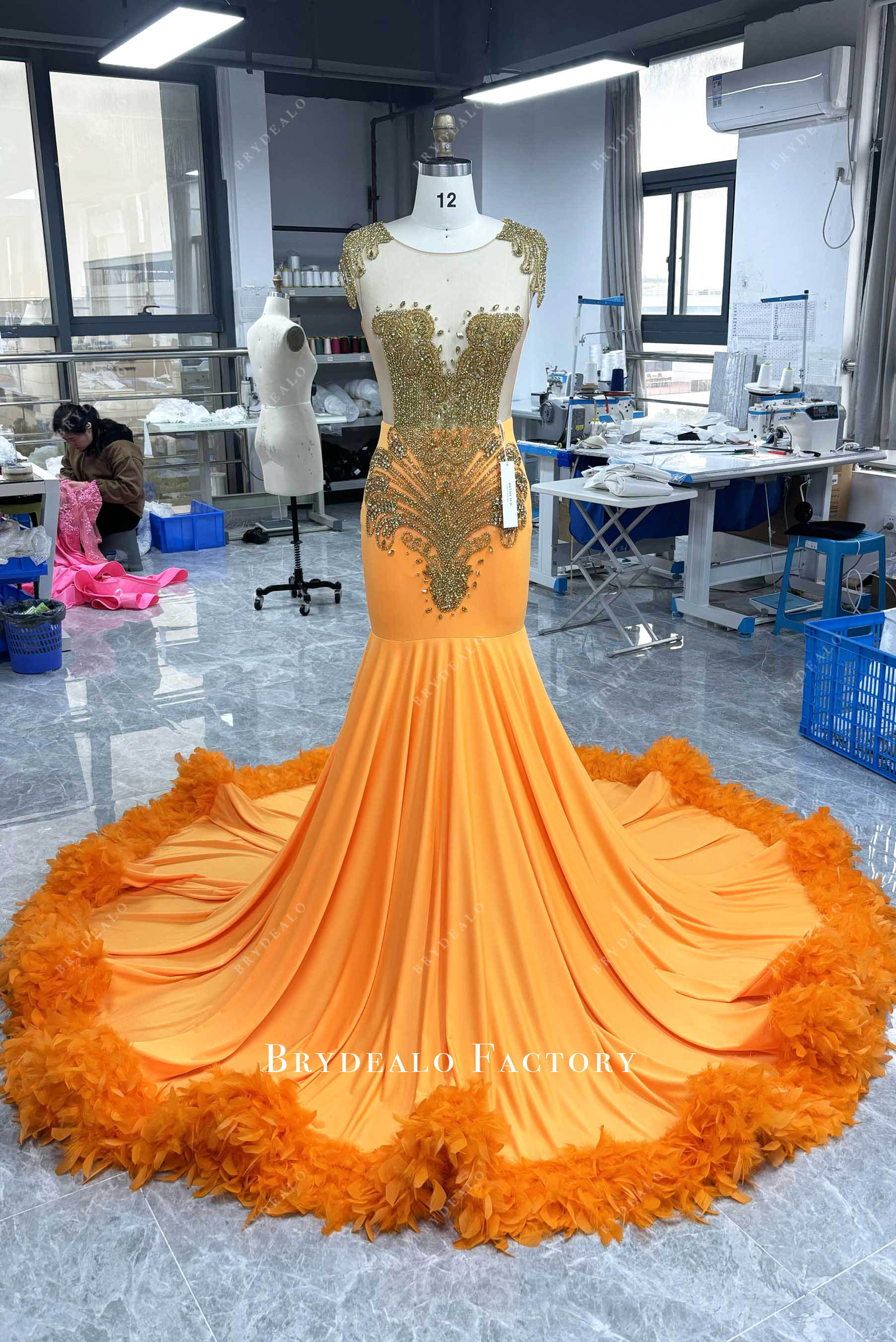 Orange Rhinestone Jersey Long Feather Prom Dress