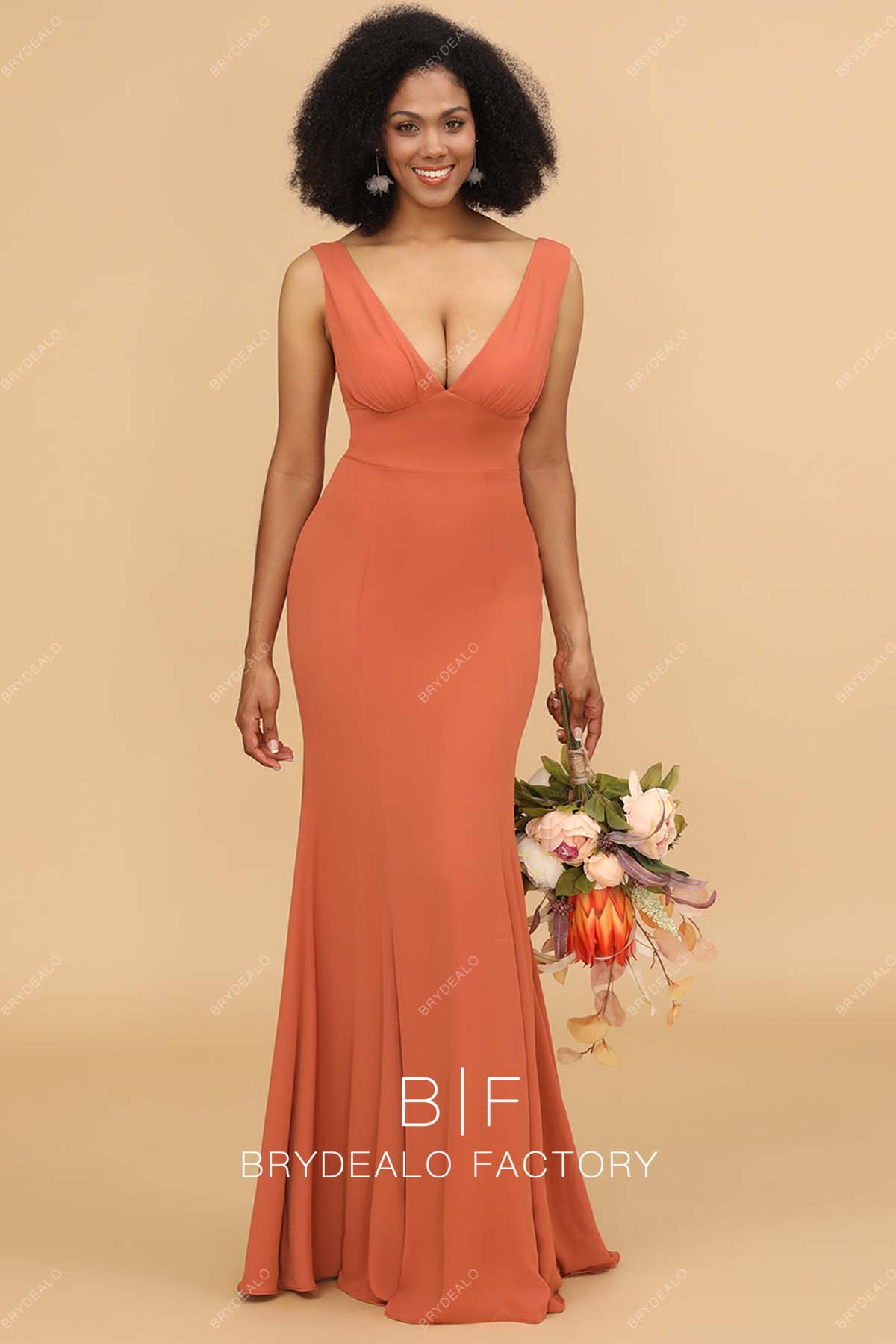 Tangerine V-neck Empire Fit and Flare Jersey Bridesmaid Dress