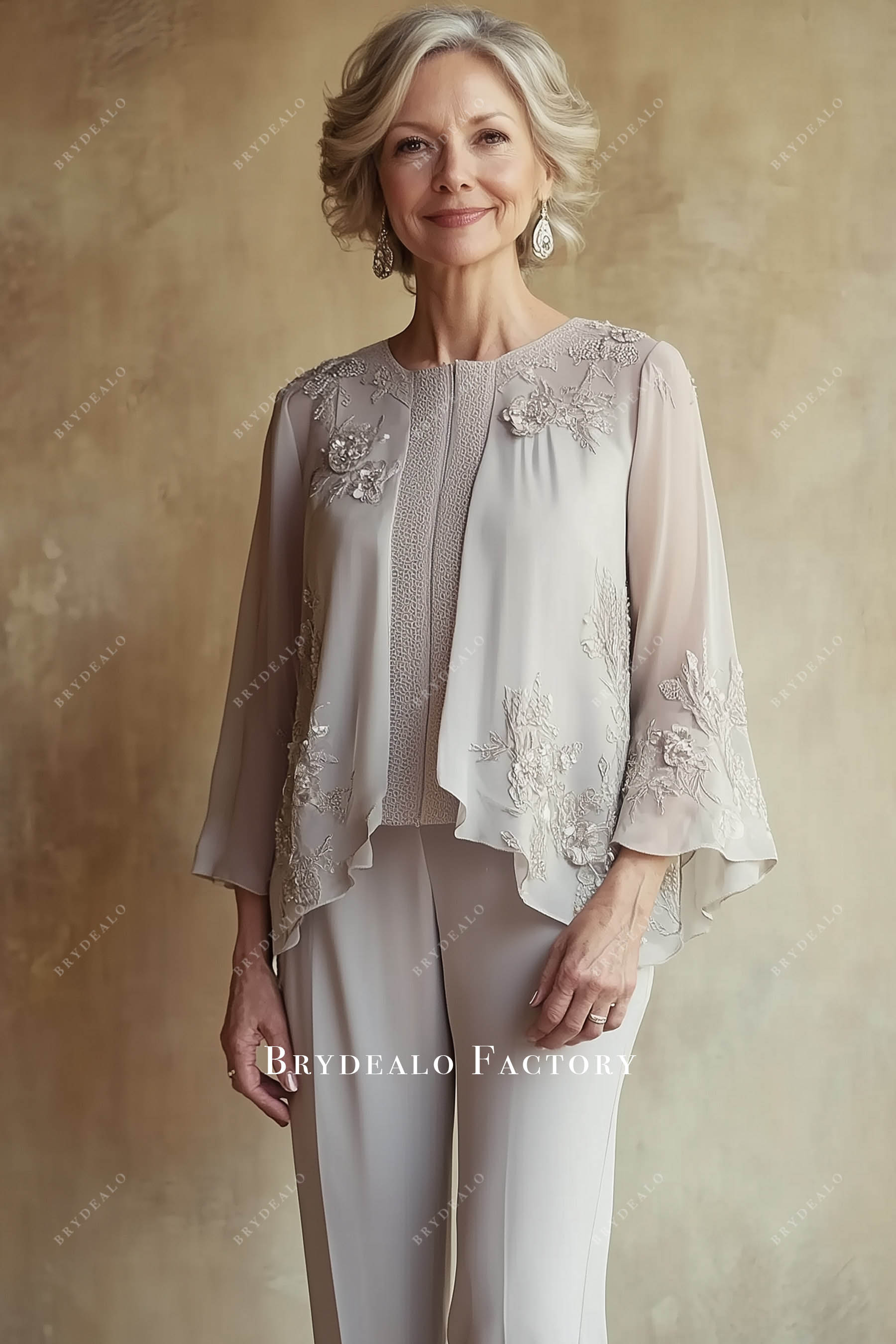 taupe flowy chiffon lace mother of bride top pants