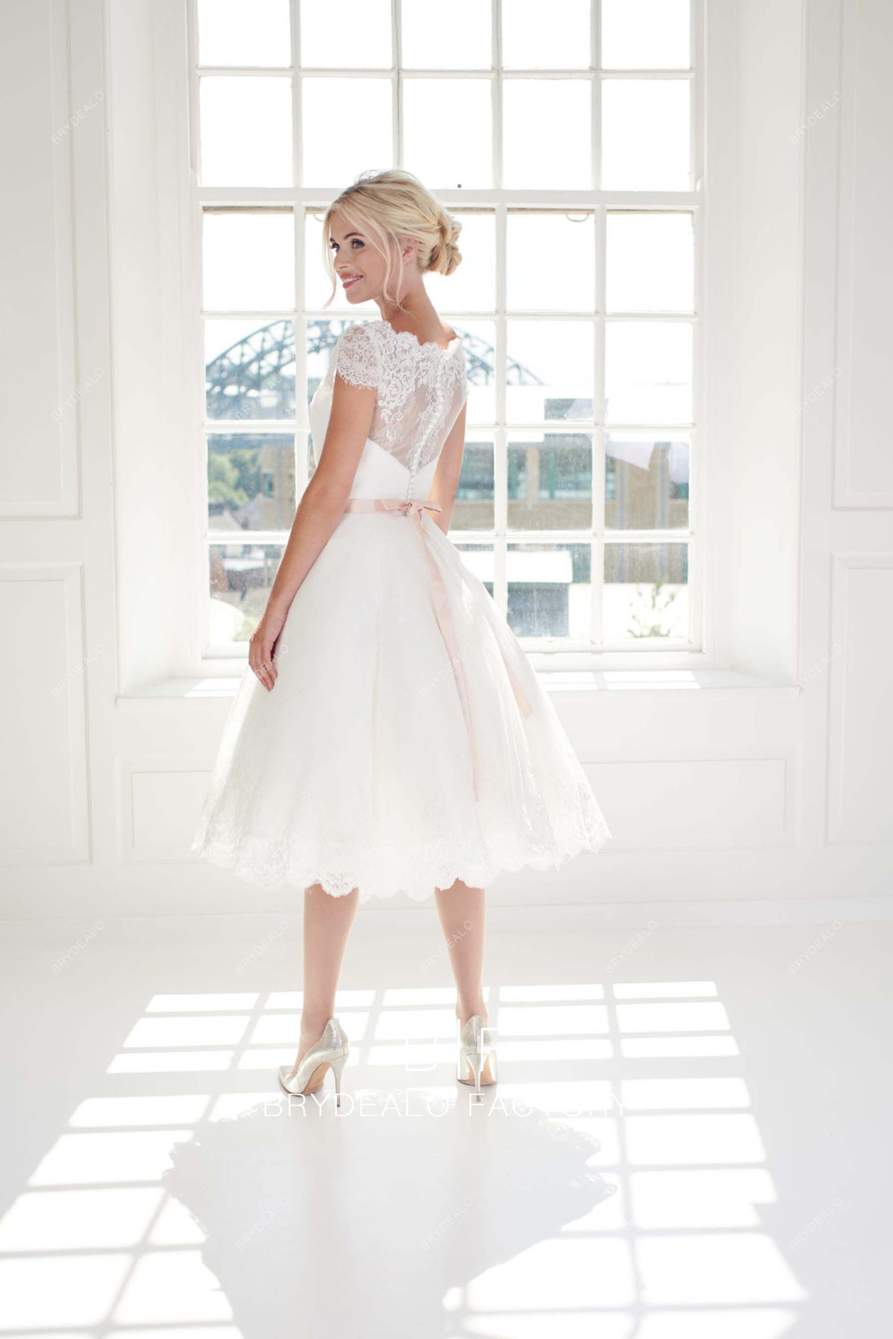 tea length lace tulle city wedding gown