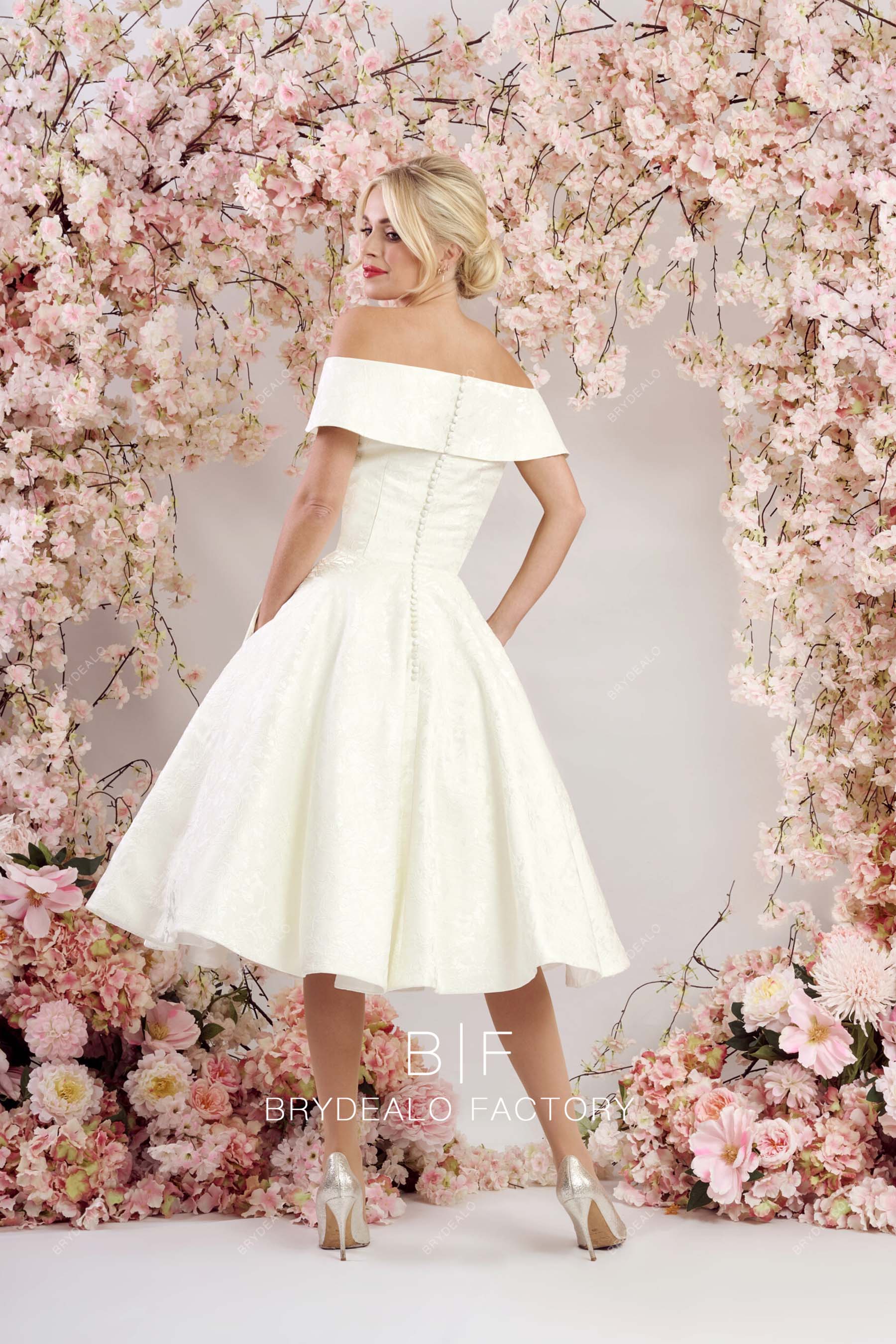 tea length off shoulder pockets bridal dress