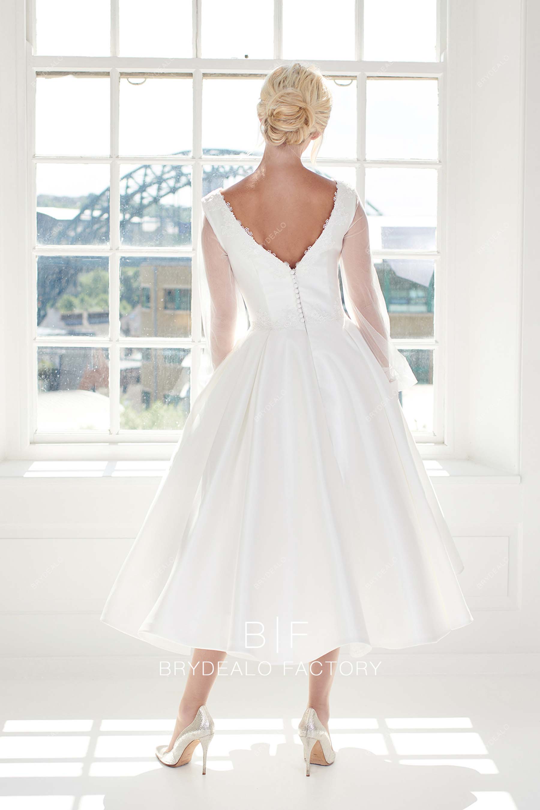 tea length open back vintage wedding gown