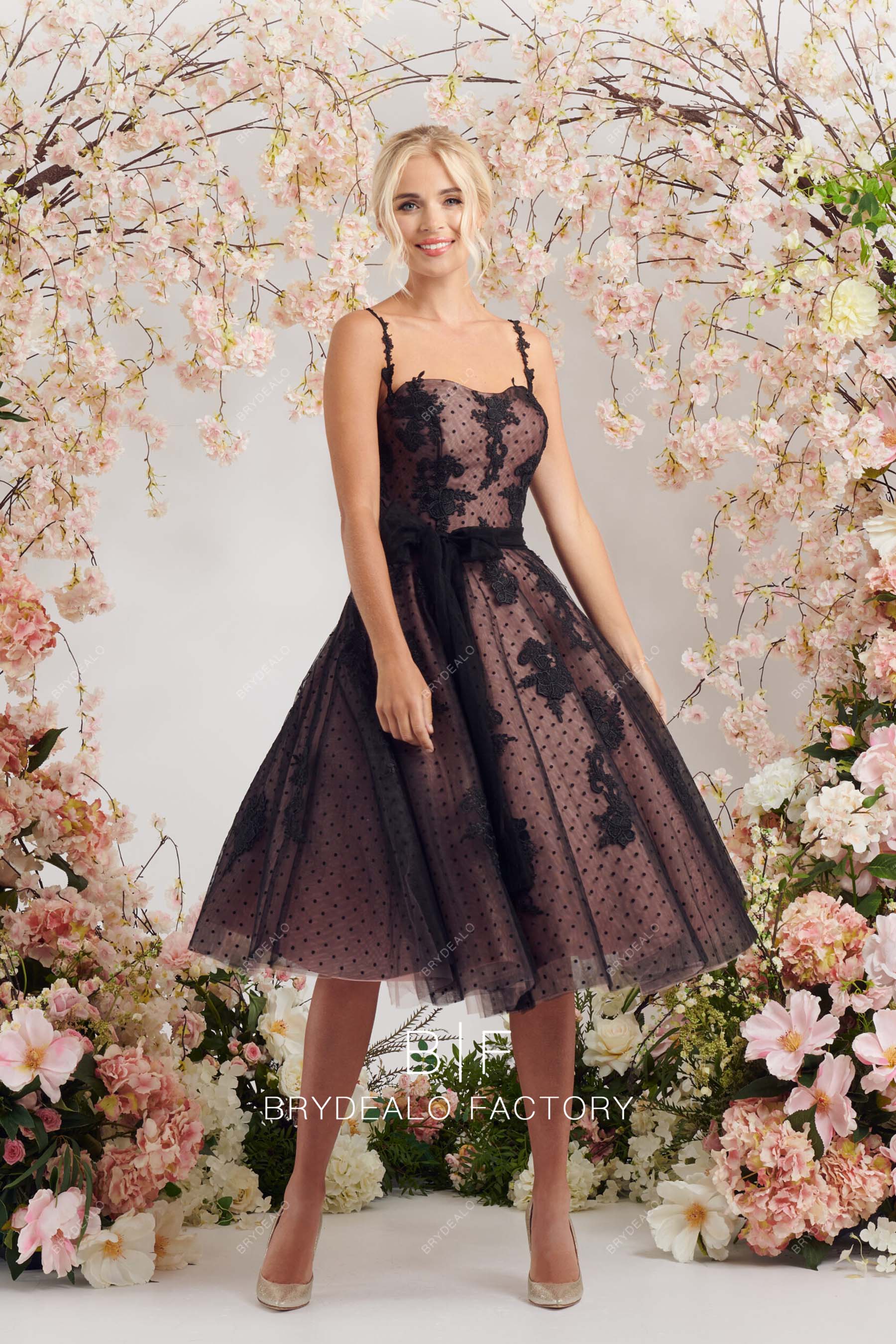 tea length spaghetti straps wedding dress