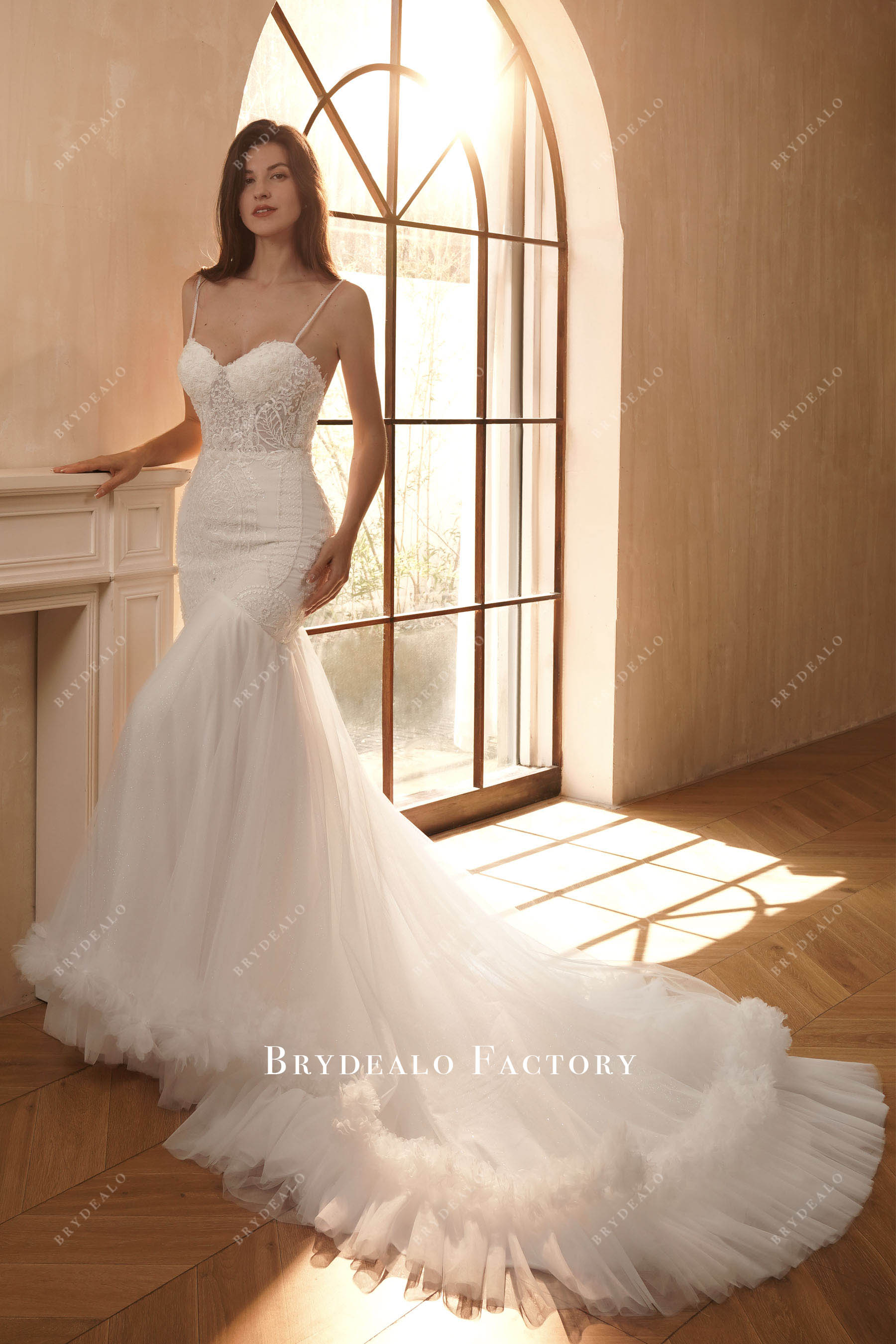 thin straps beaded lace mermaid wedding dress