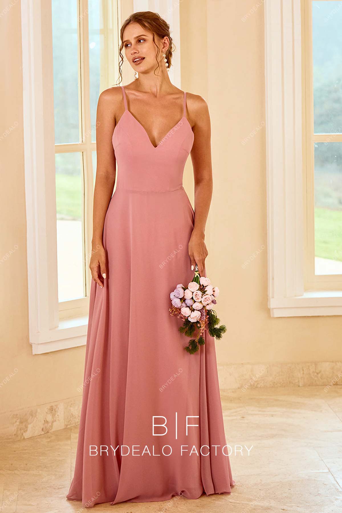 spaghetti straps dusty pink chiffon bridesmaid gown