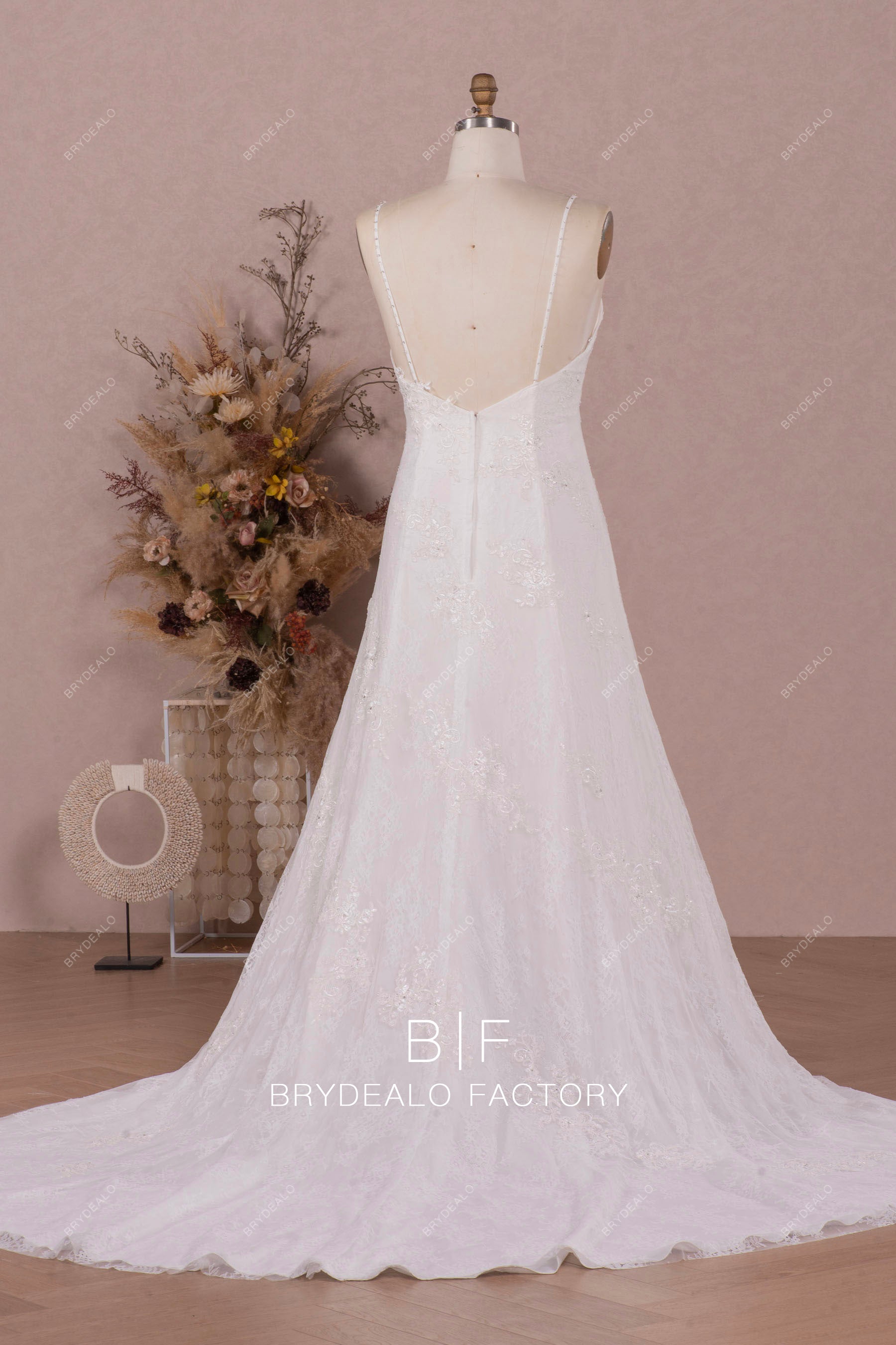 thin straps open back long lace wedding dress