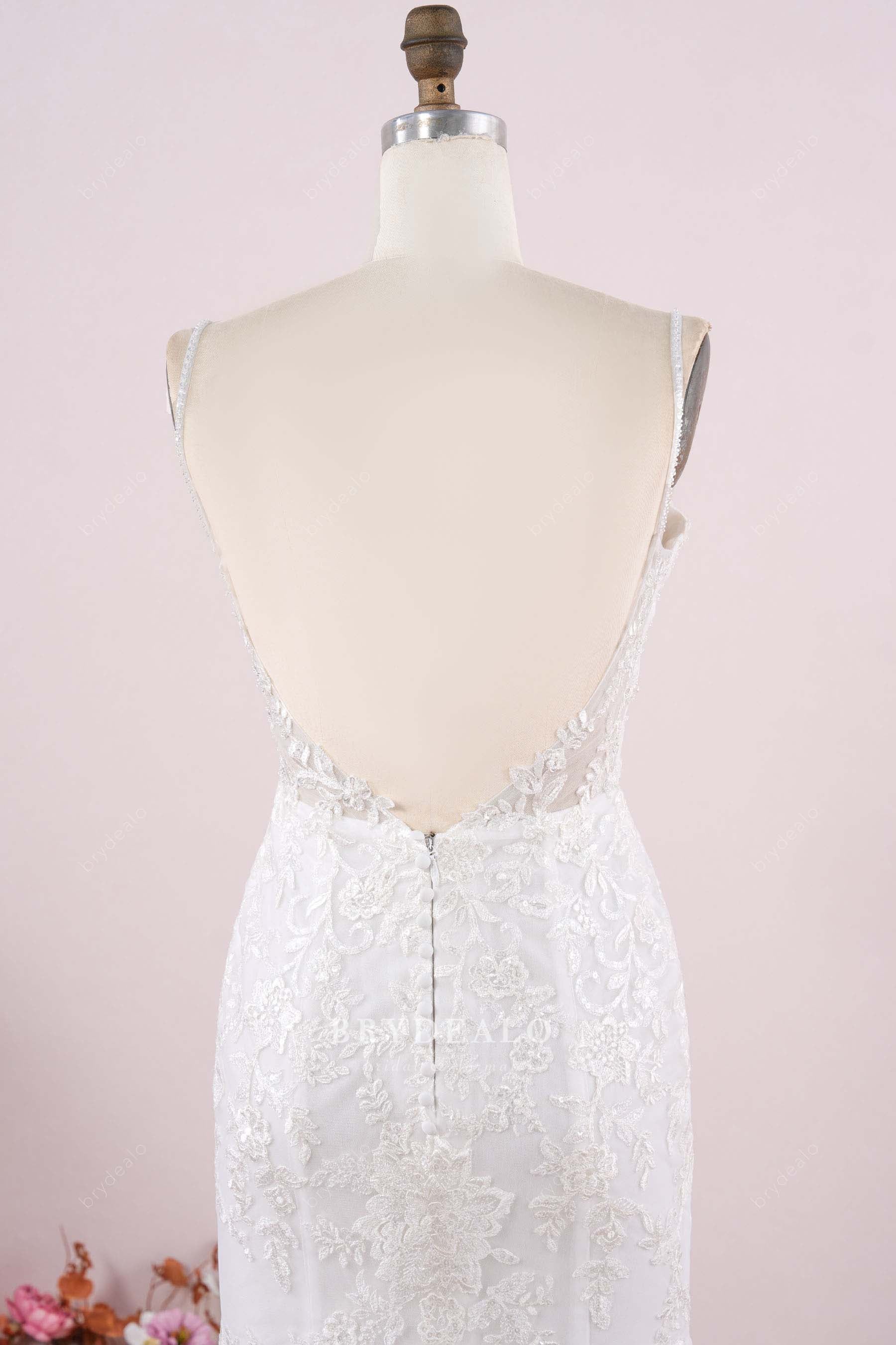thin straps open back wedding dress