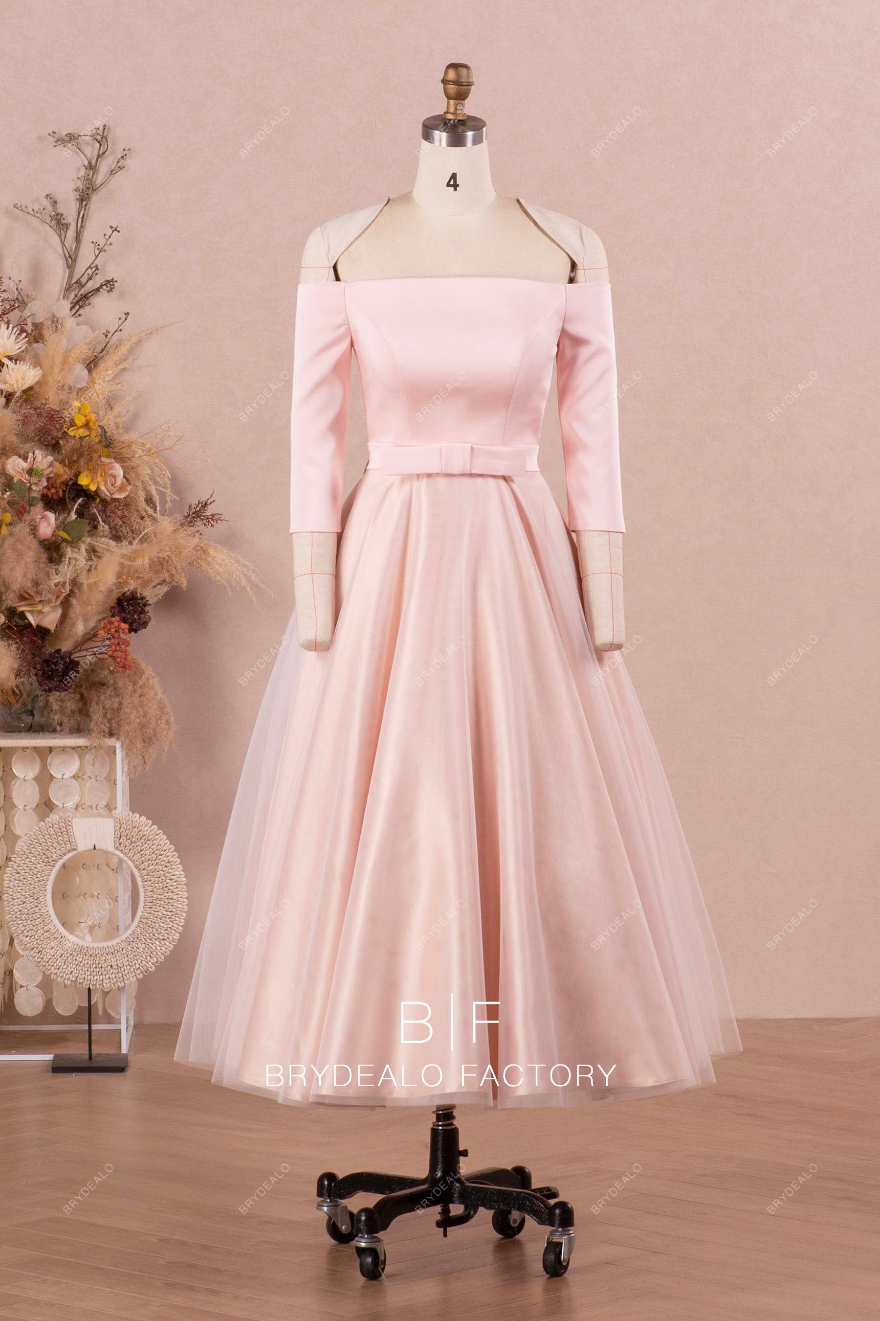 three quarter sleeve tea-length wedding dress