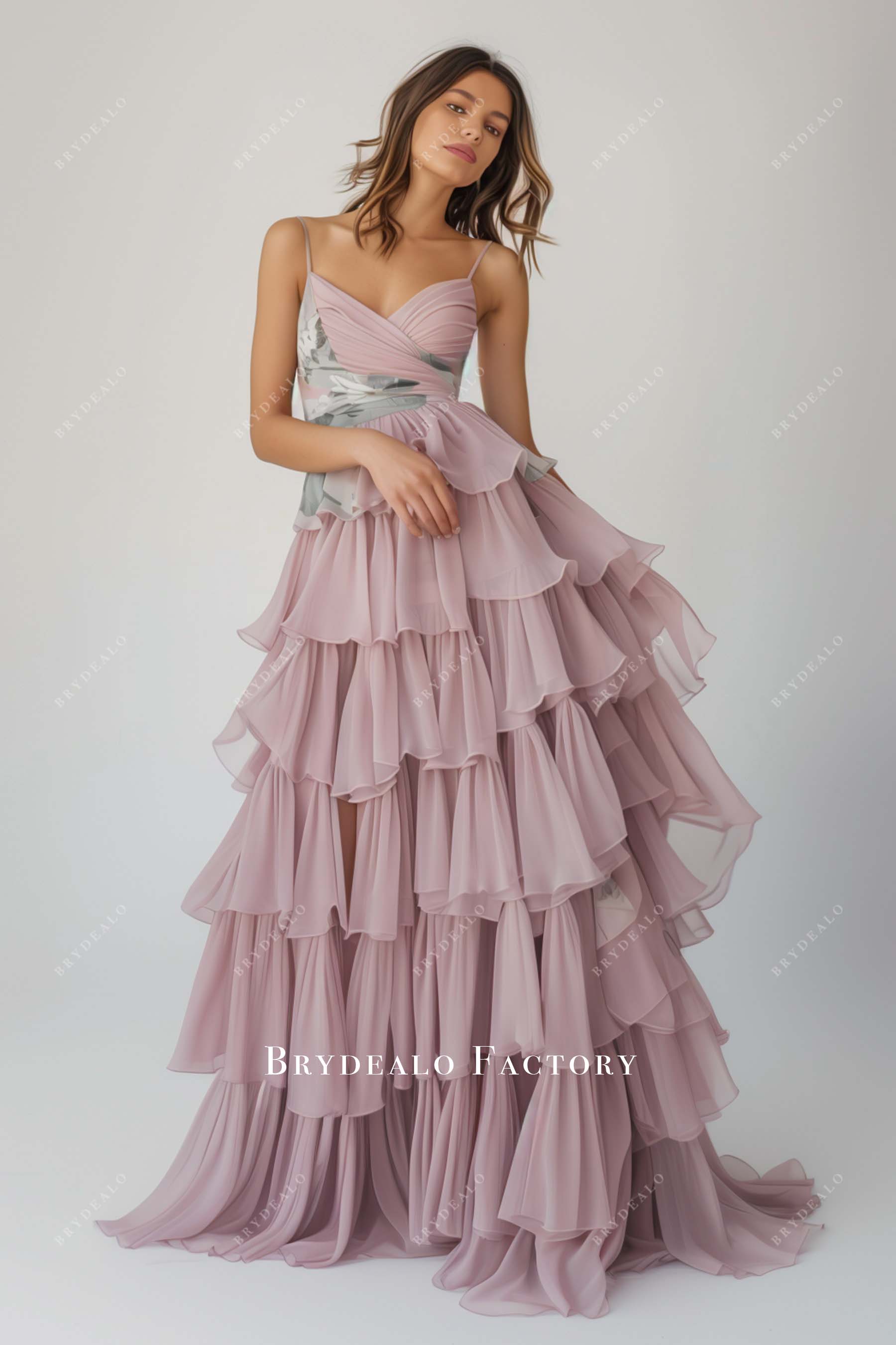 Tiered Ruffles A-line Print Chiffon Bridesmaid Dress