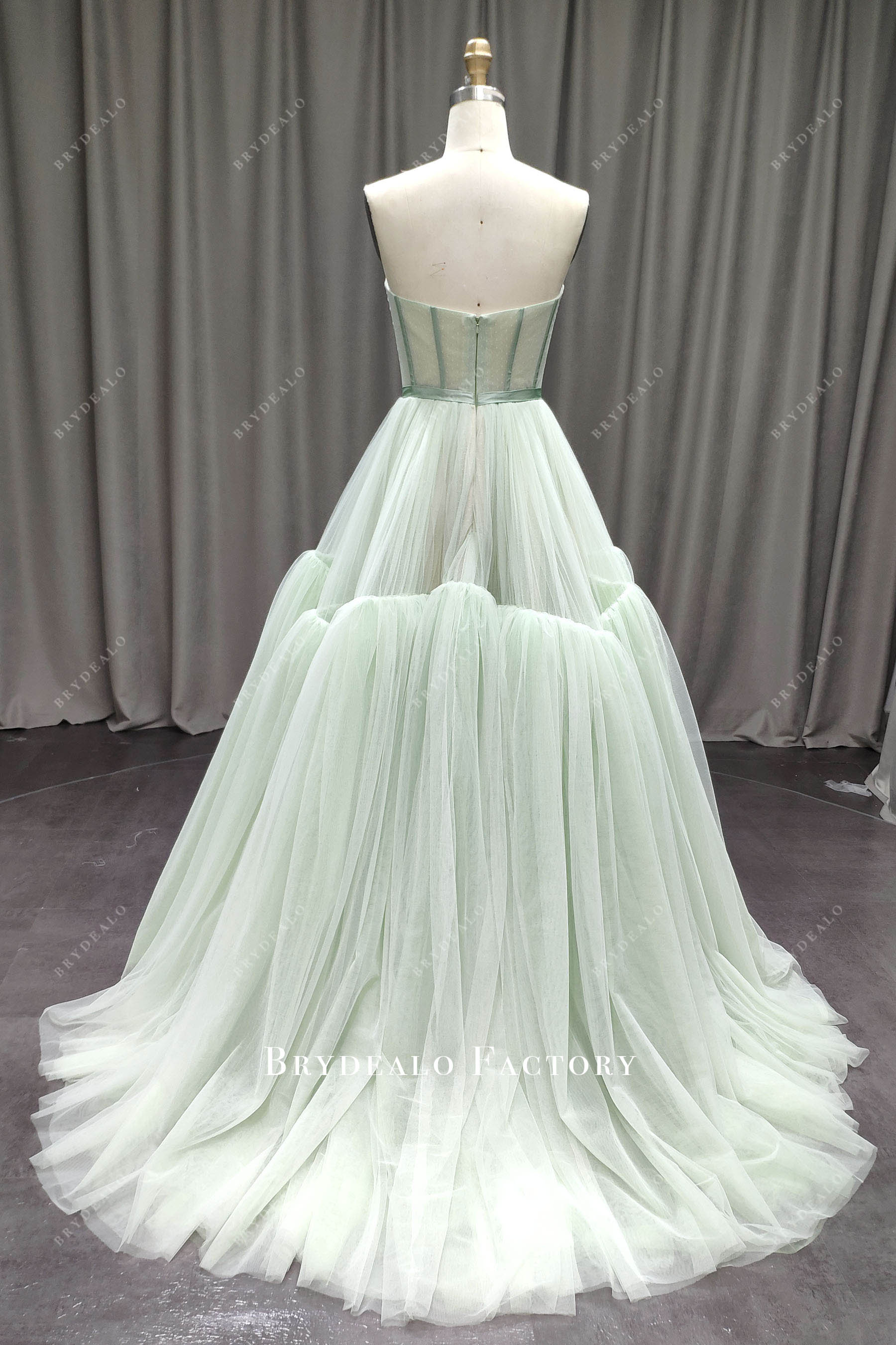 tiered pleated tulle long wedding dress