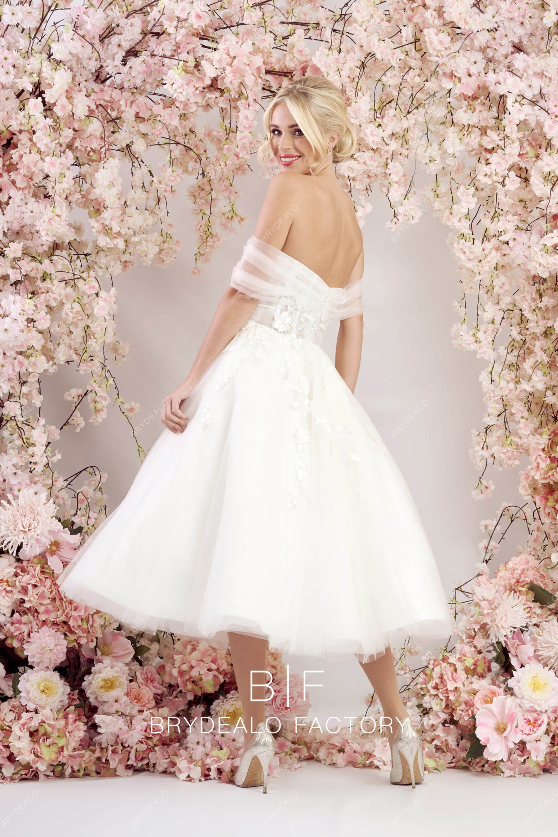tulle off shoulder short wedding dress
