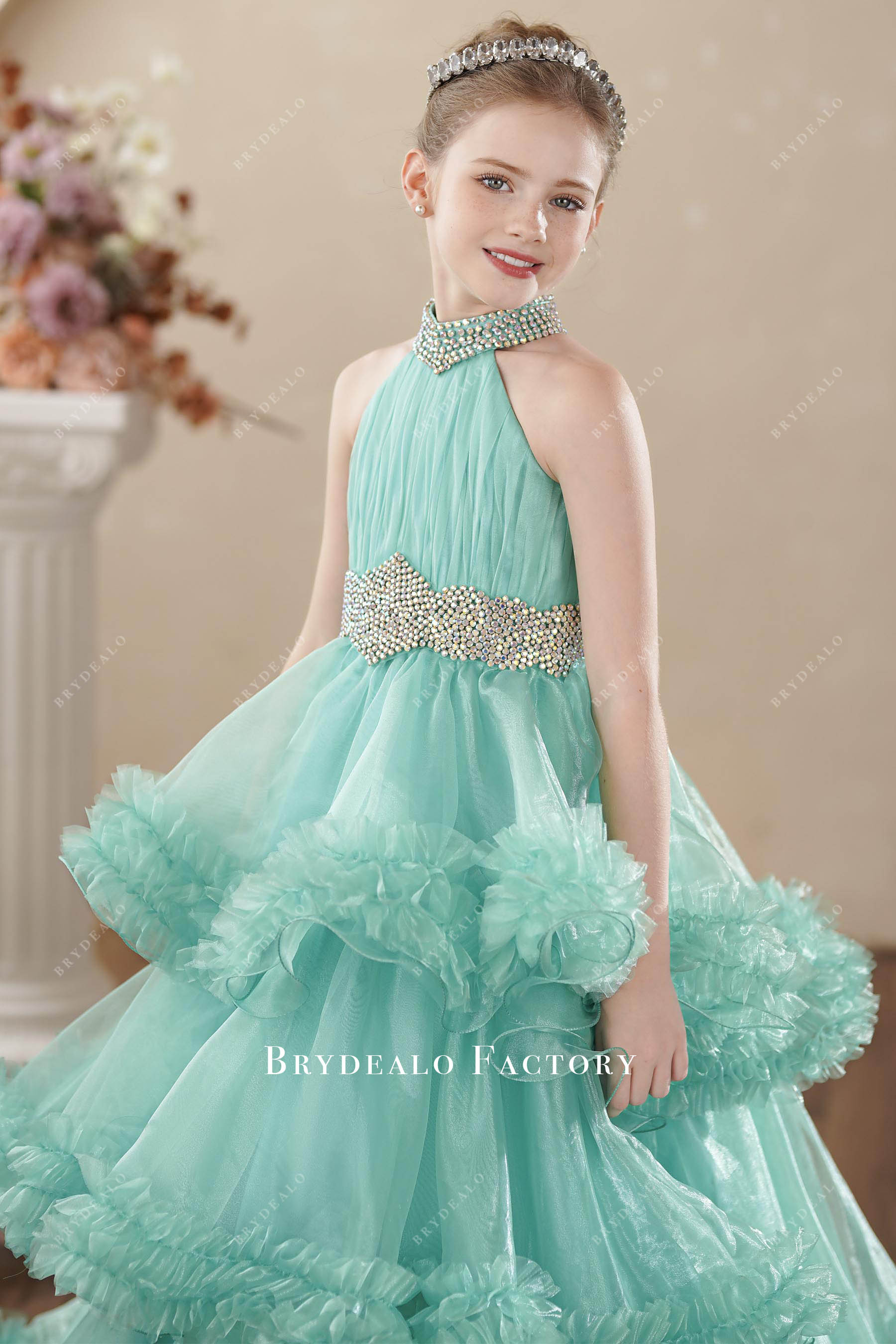 turquoise halter neck kids formal dress