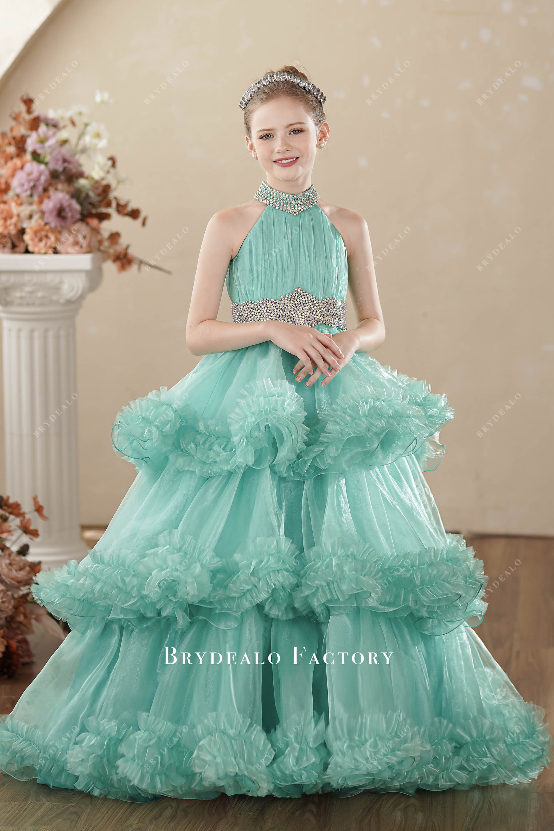 turquoise layered ruffled kids ballgown