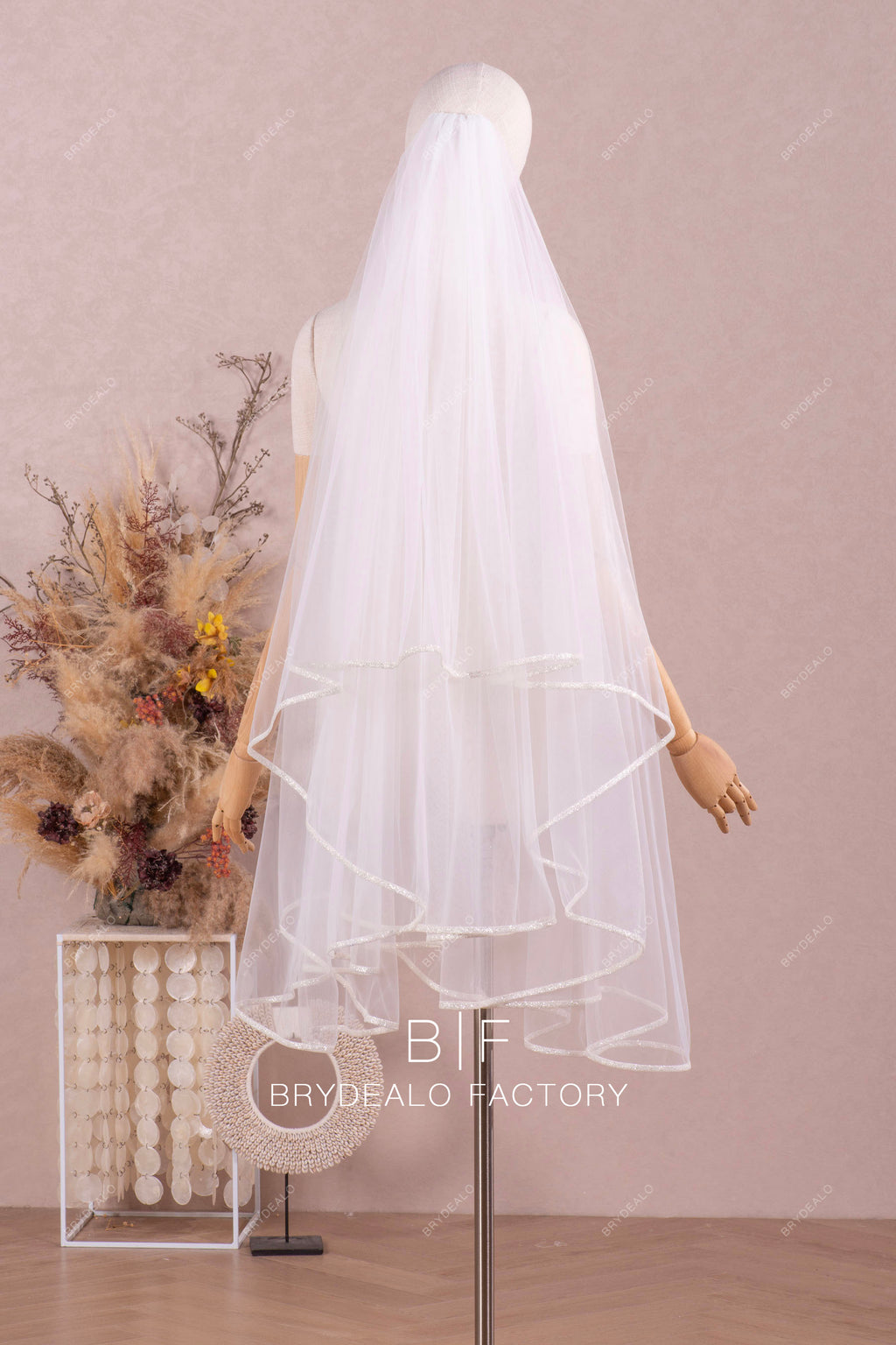 Two Tier Fingertip Veil with Pearl Beadings Short Crystal Tulle Bridal Veil TSDZ016