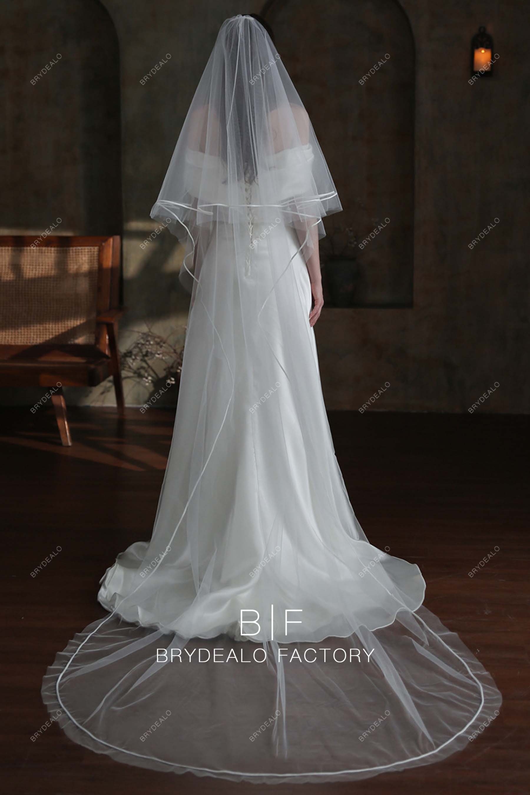 Two-Tier Cathedral Length Satin Ribbon Wholesale Bridal Veil
